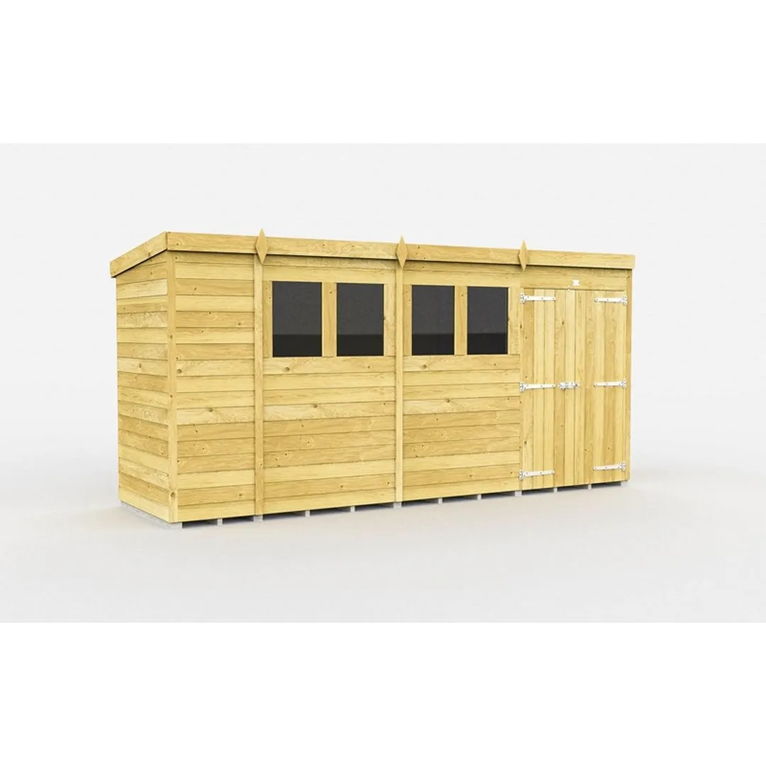 Buttercup Farm 14 x 4 Feet Pent Shed - Double Door W/ Windows - L118 x W417 x H201 cm in Brown