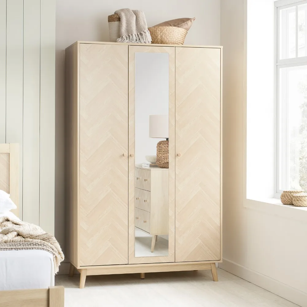 Herringford – 3 Door Mirror Wardrobe - Oak – Wooden – Happy Beds