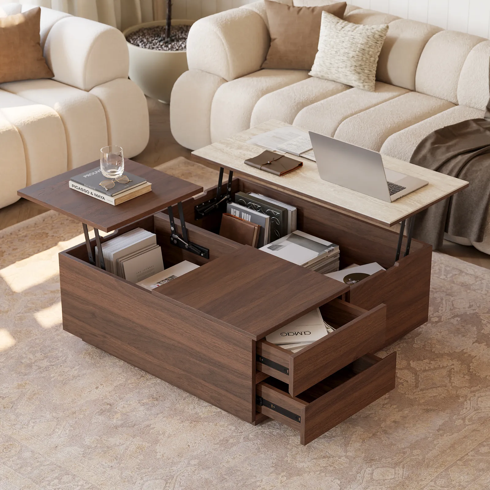 100 cm Square Lift-Top Travertine Veneer Sintered Stone Coffee Table with Storage