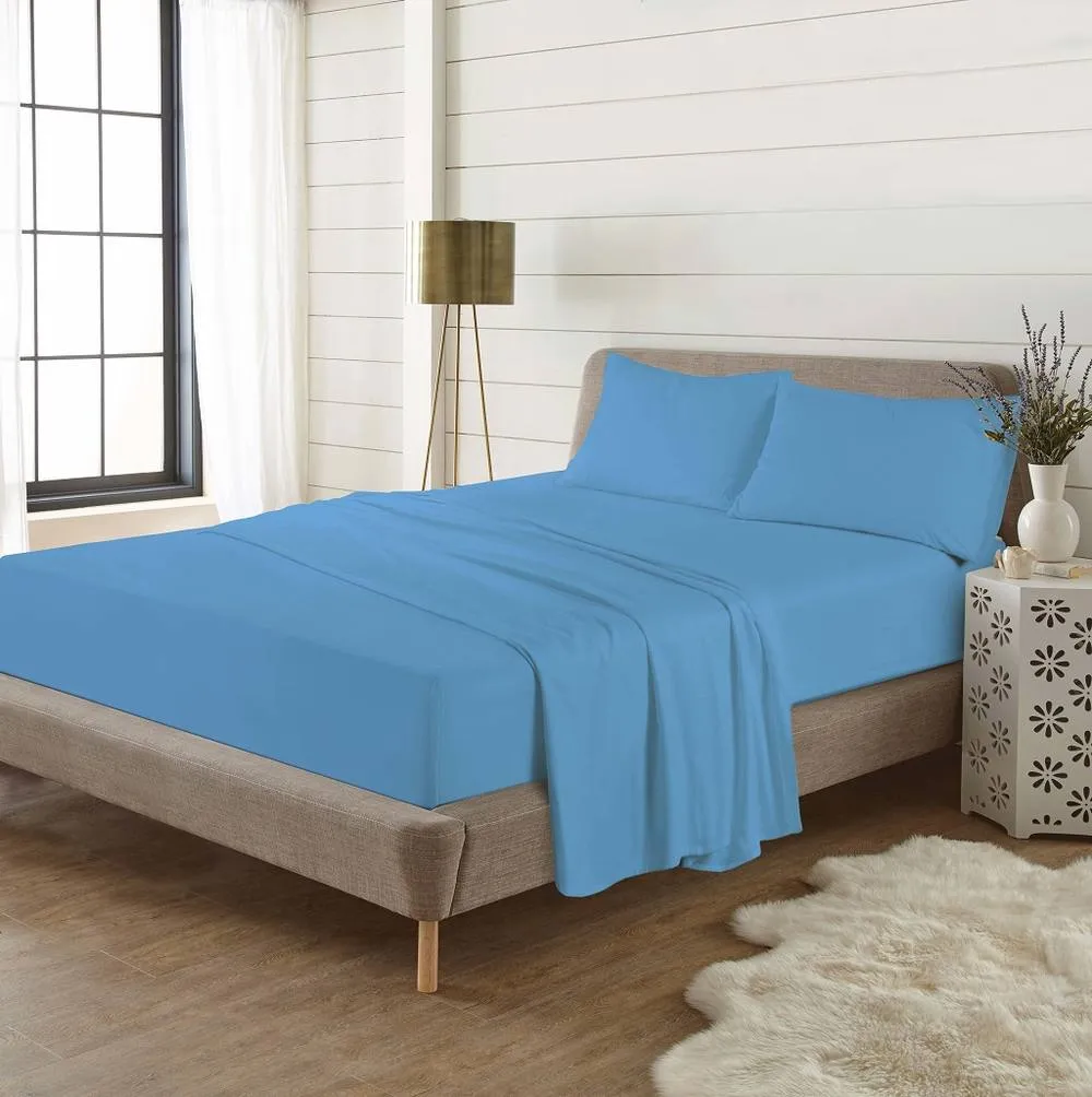 Homes-Linen Plain Thermal Flannelette Flat Sheet 100% Brushed Cotton Bedding in Blue