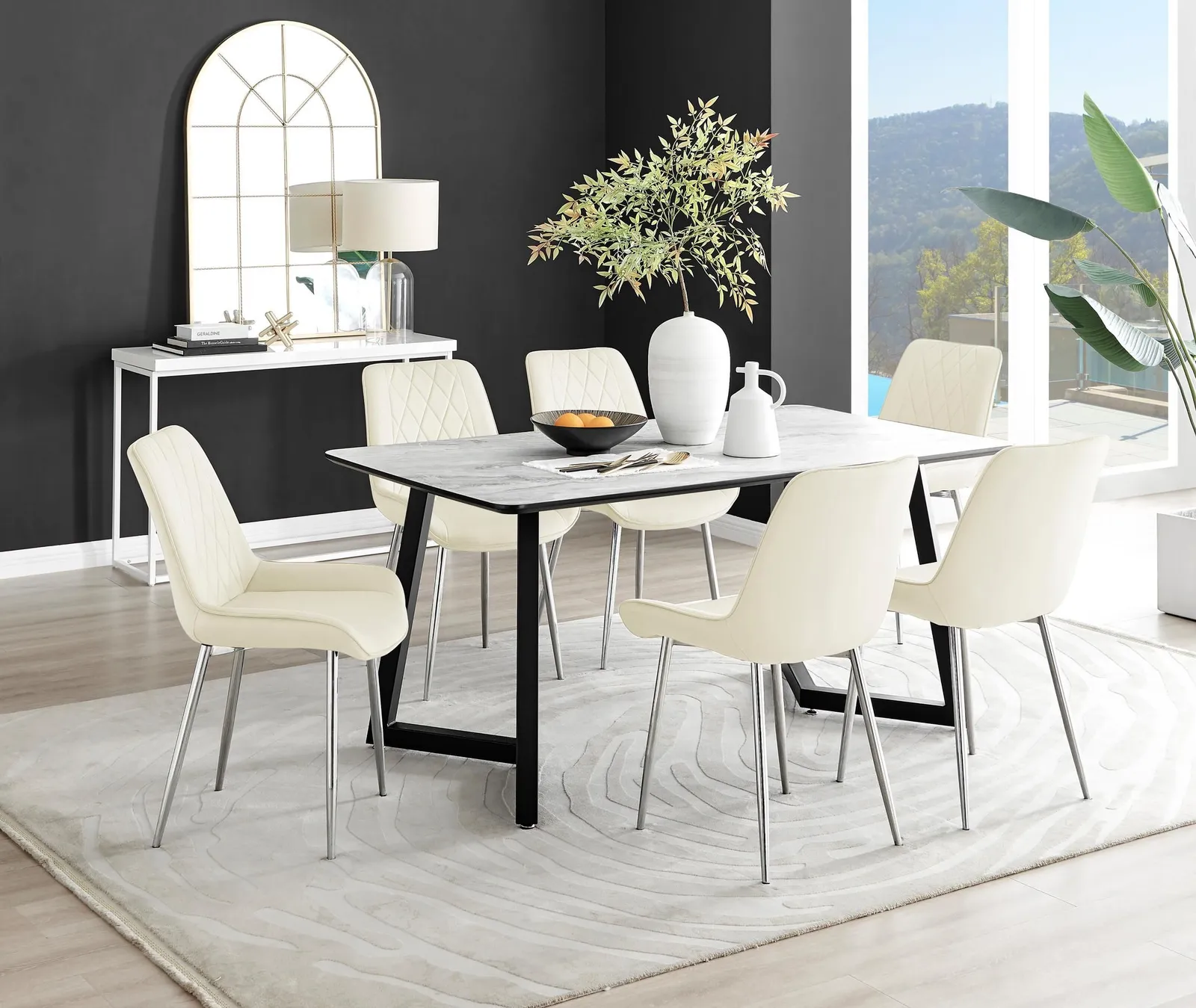 FurnitureboxUK Carson White Marble Effect Dining Table & 6 Pesaro Silver Chairs in Cream 1
