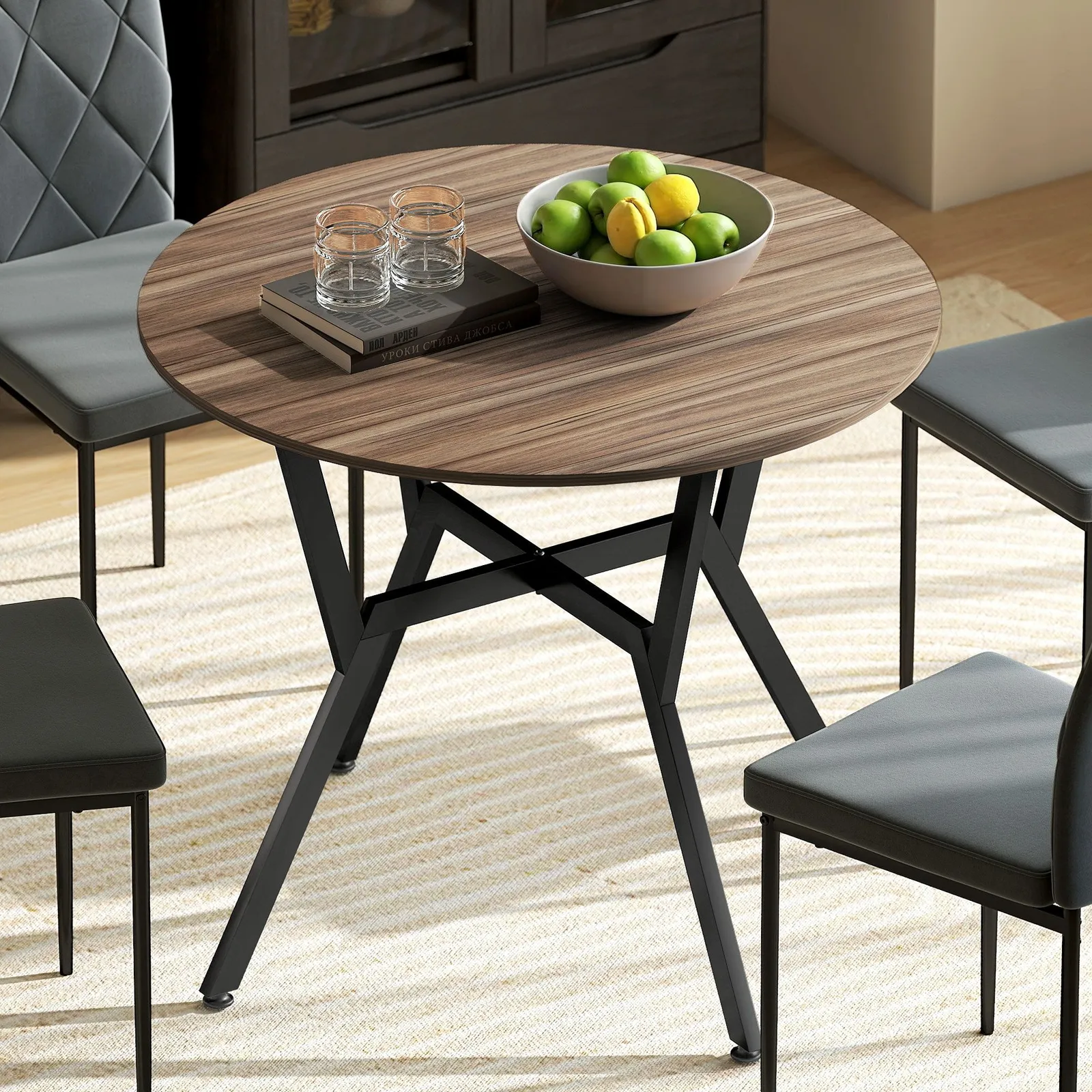 HOMCOM Dining Table with Round Top Steel Legs for Kitchen Dining Room Brown