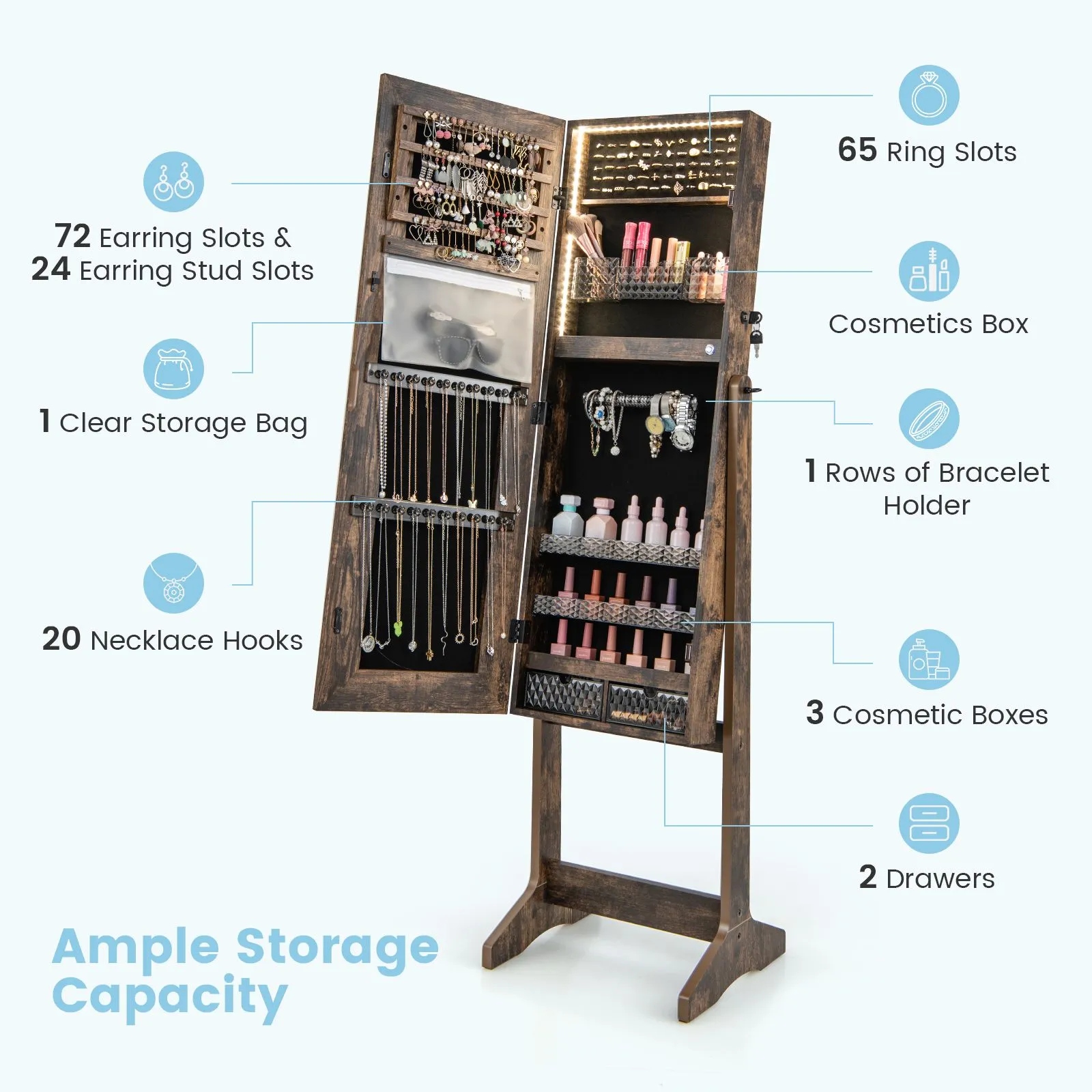 Costway Standing Jewelry Cabinet Lockable Jewelry Armoire w/ LED Lights in Brown 5