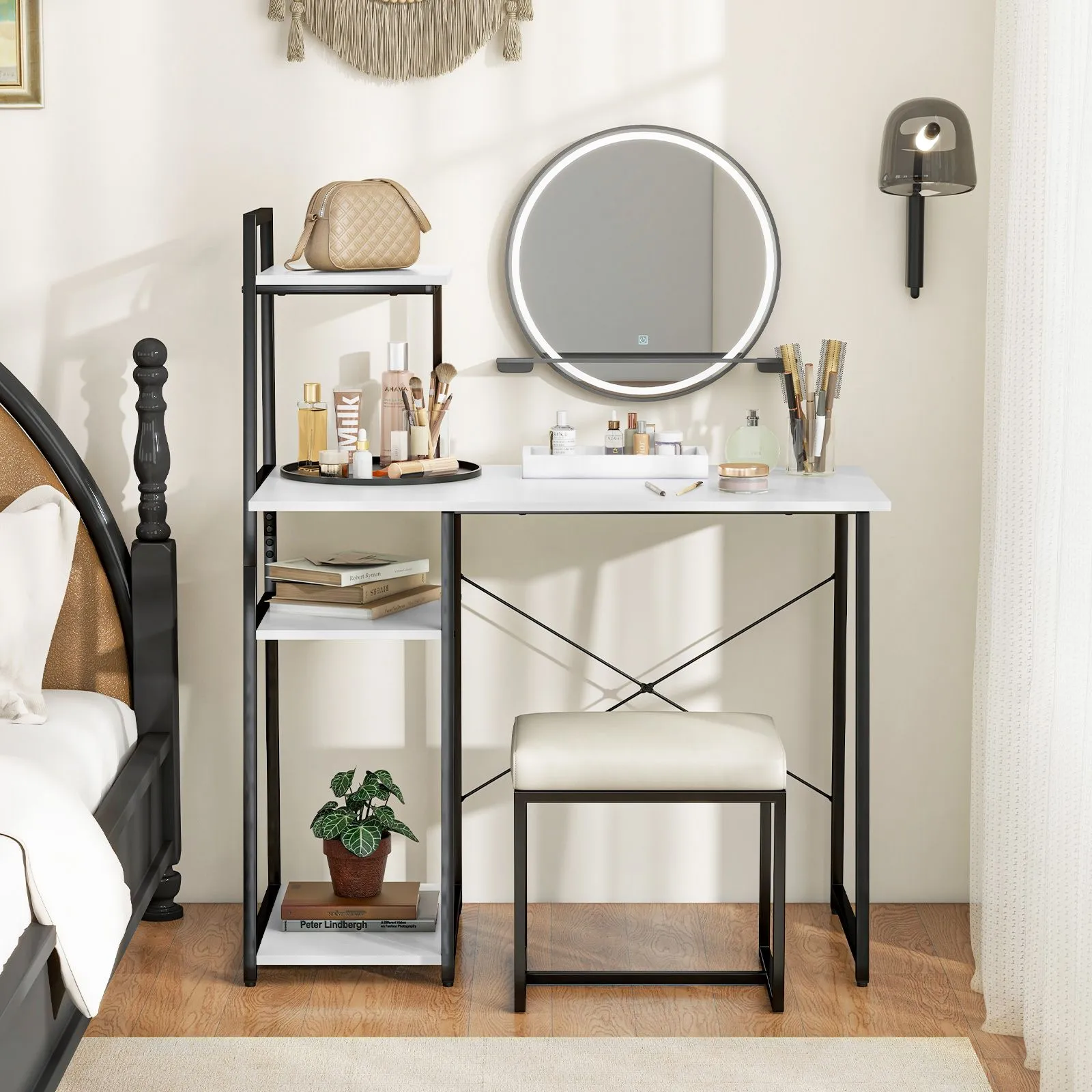 Costway Home Office Desk Computer Desk PC Laptop Table w/ Bookshelf & Host Stand in White 3