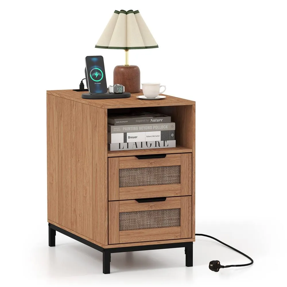 Costway Narrow End Table with Charging Station in Brown