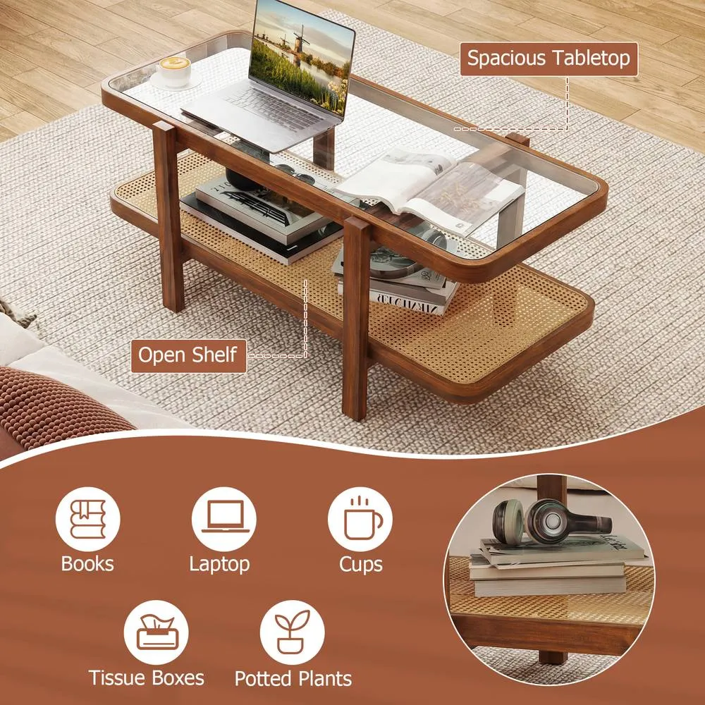 Costway 2-Tier Coffee Table w/ Storage Rectangular Center Table w/Glass Top in Brown 4