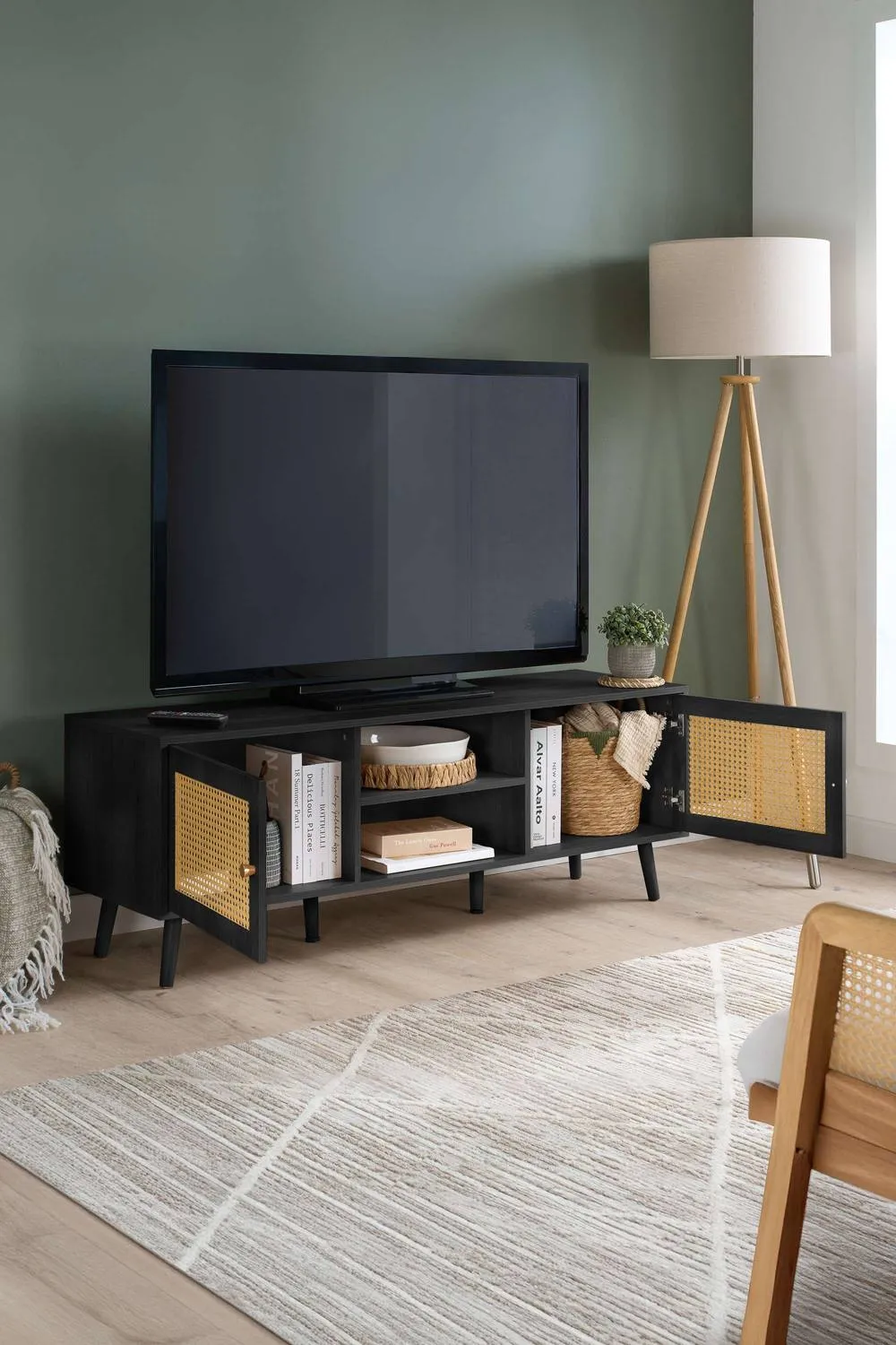 Birlea Croxley Large TV Unit Black Rattan Entertainment Stand 2