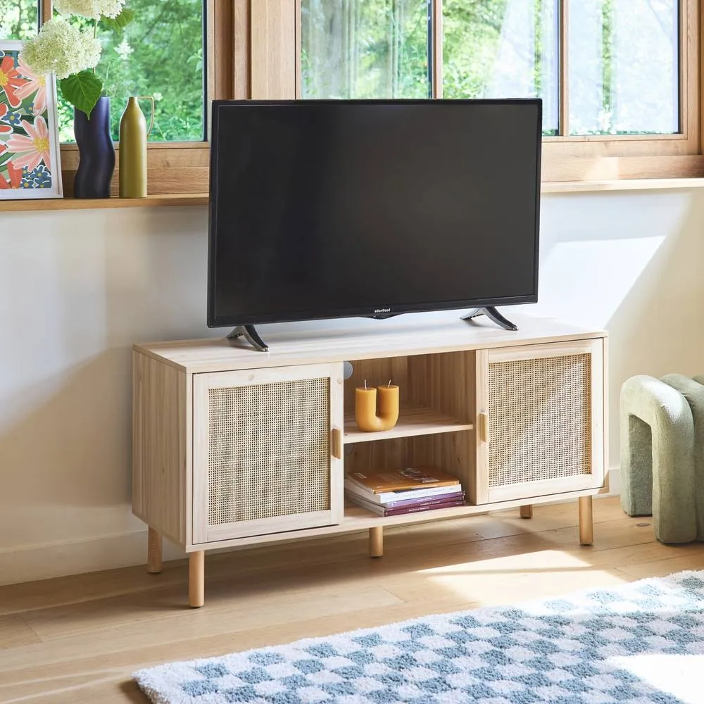 sweeek 120cm Tv Unit Wooden Effect & Cane 2 Doors in Light Brown 6