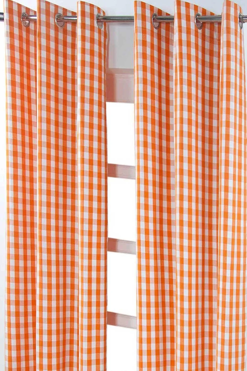 Homescapes Cotton Block Check Gingham Eyelet Curtain Pair in Orange 2