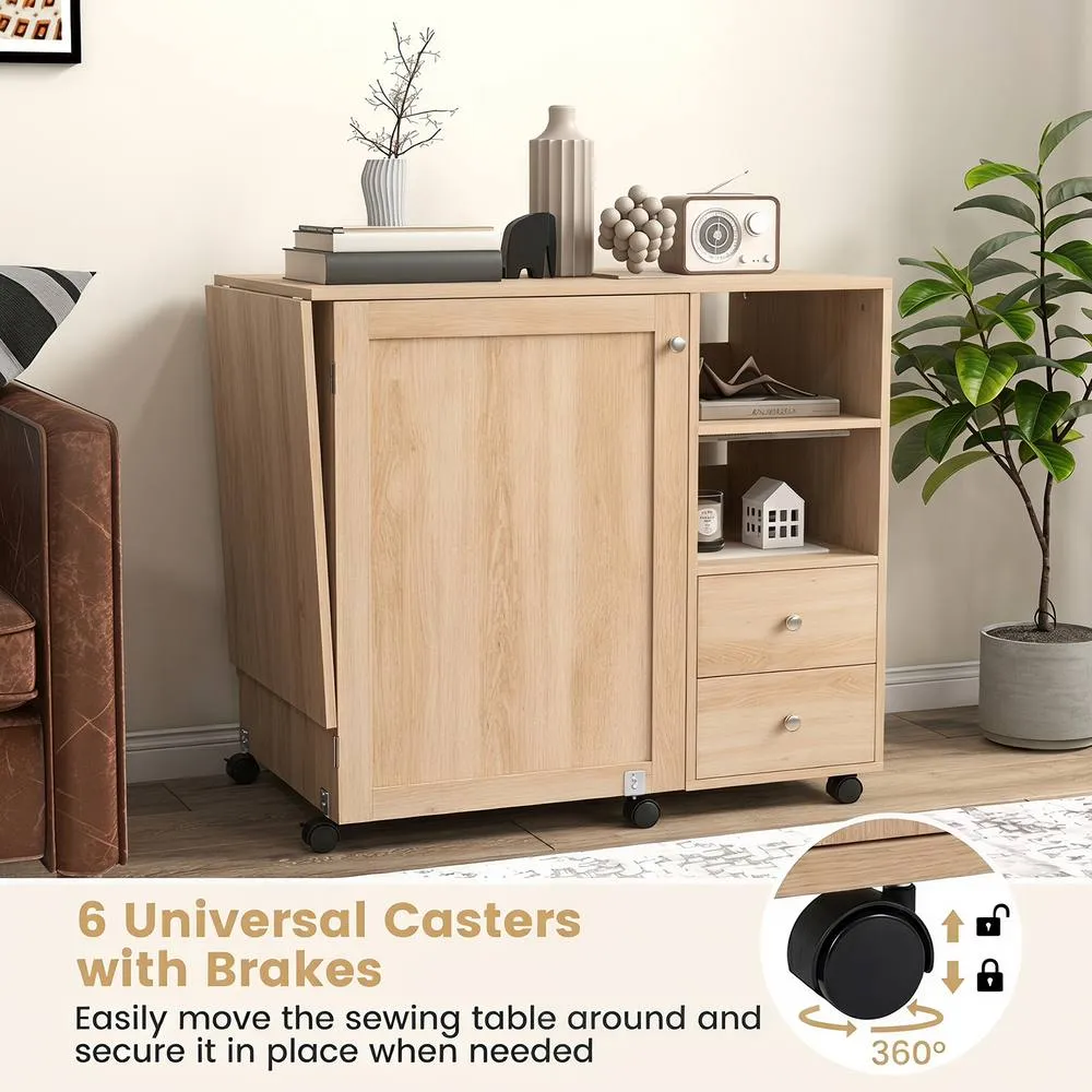 Costway Folding Sewing Table Sewing Machine Cart Table w/Charging Station in Natural 4