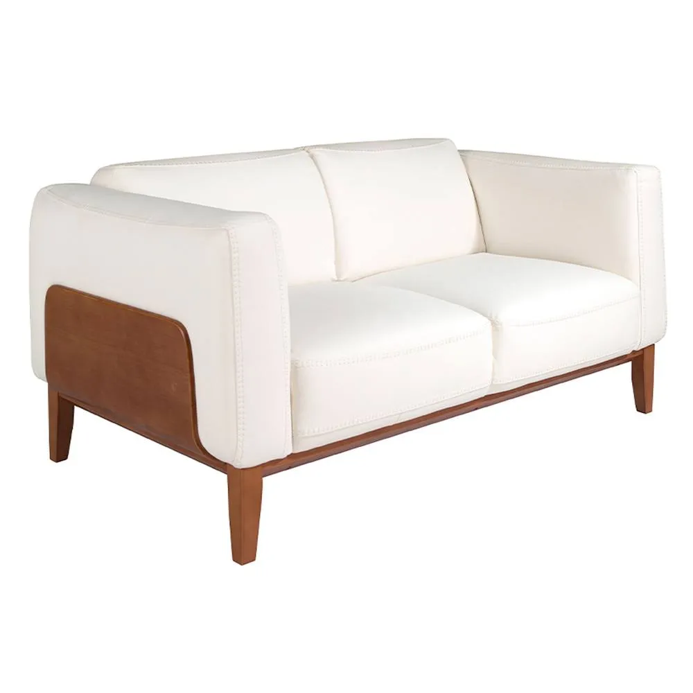 Angel Cerda White 2-Seater Cowhide Leather Sofa, Walnut Legs