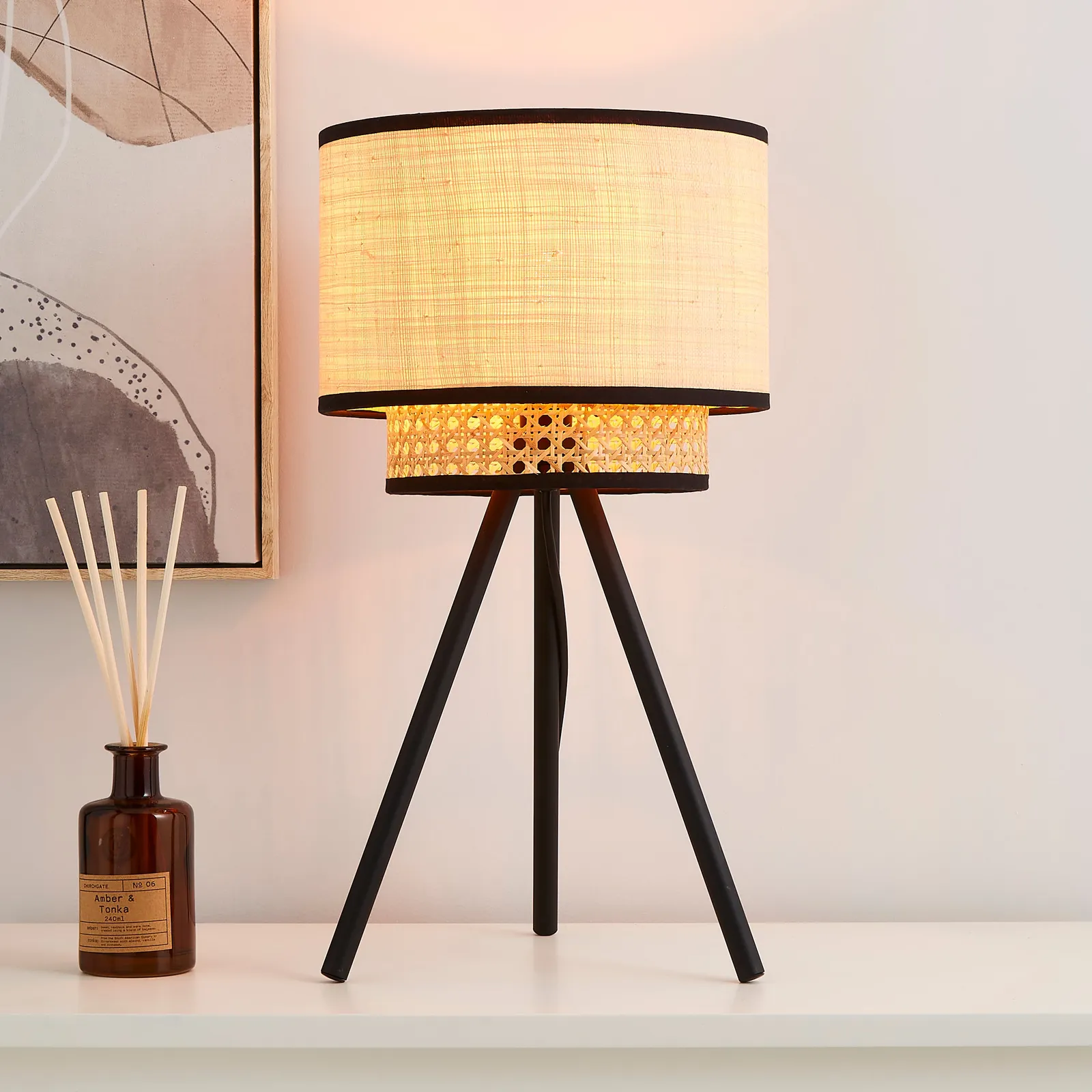 Malika Cane 2 Tier Tripod Table Lamp Black