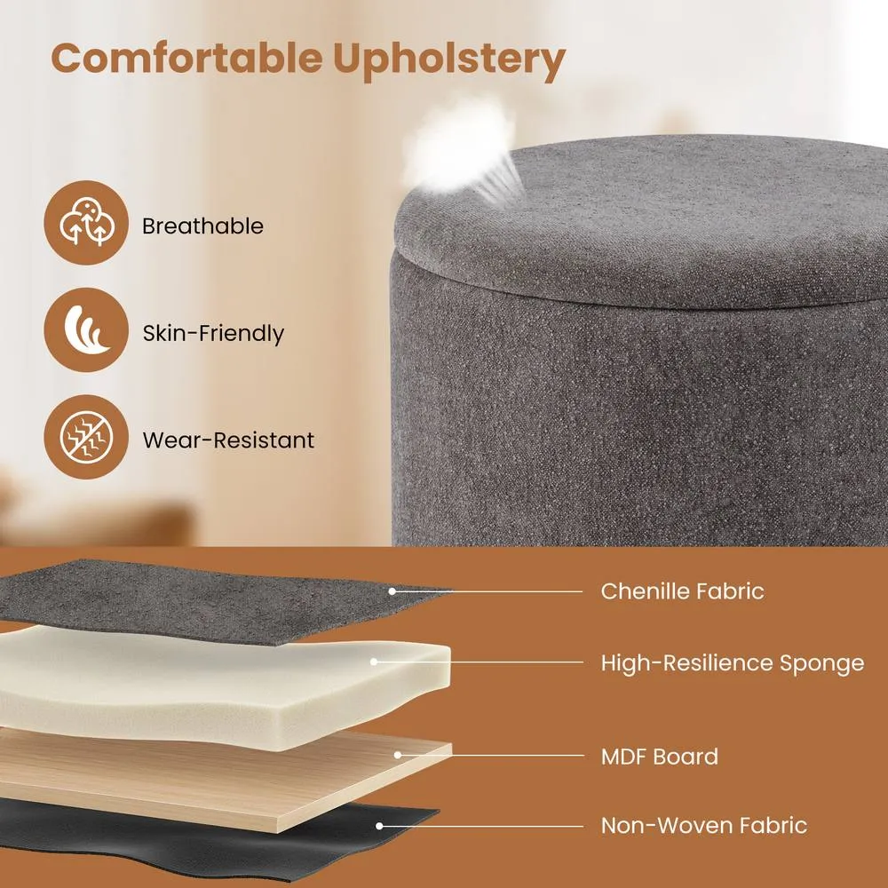 Costway Round Storage Ottoman Chenille Fabric Footrest Stool w/ Removable Lid in Grey 4