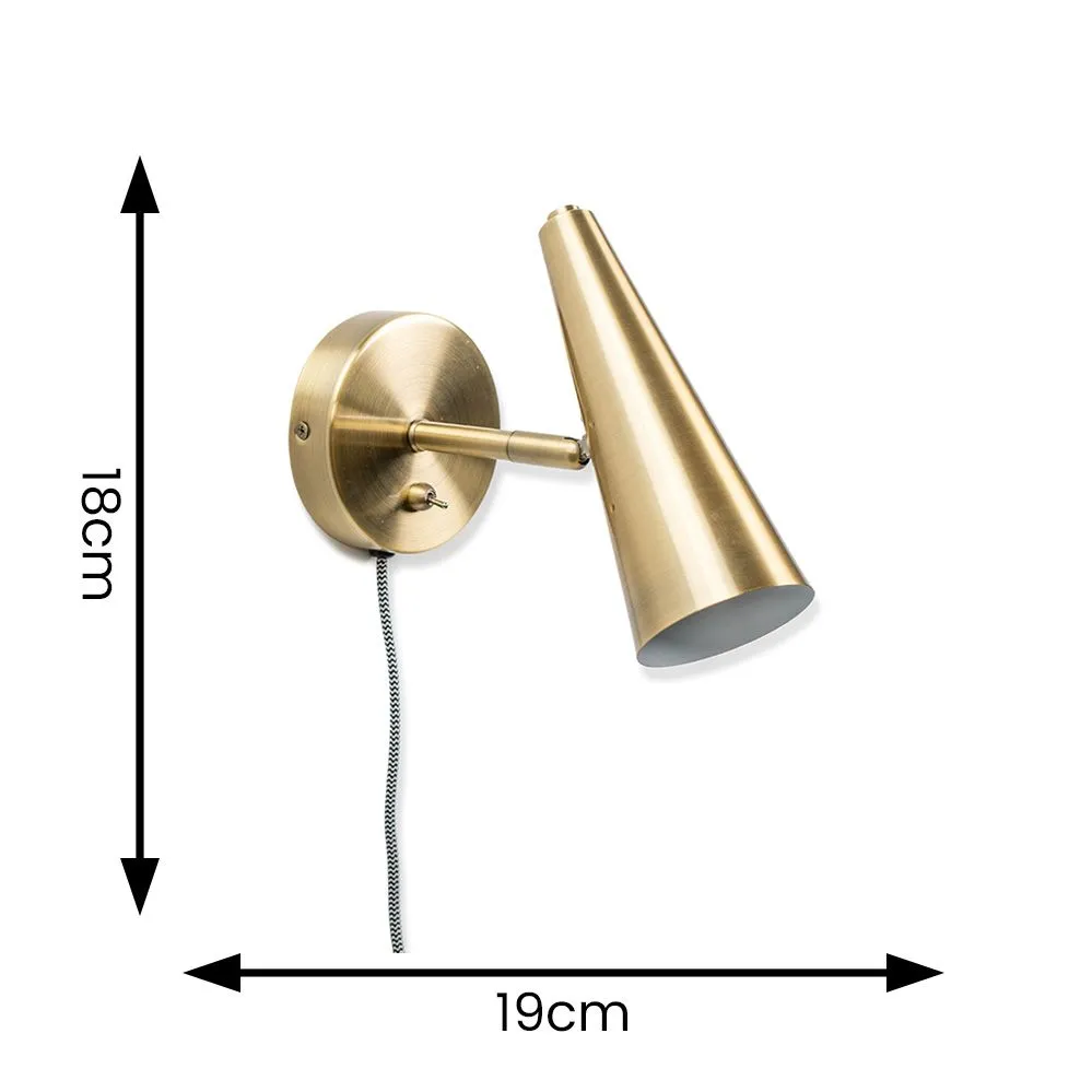 ValueLights Pair of - Plug in Brushed Antique Brass Cone Easy Fit Wall Lights with Adjustable Head in Gold 5