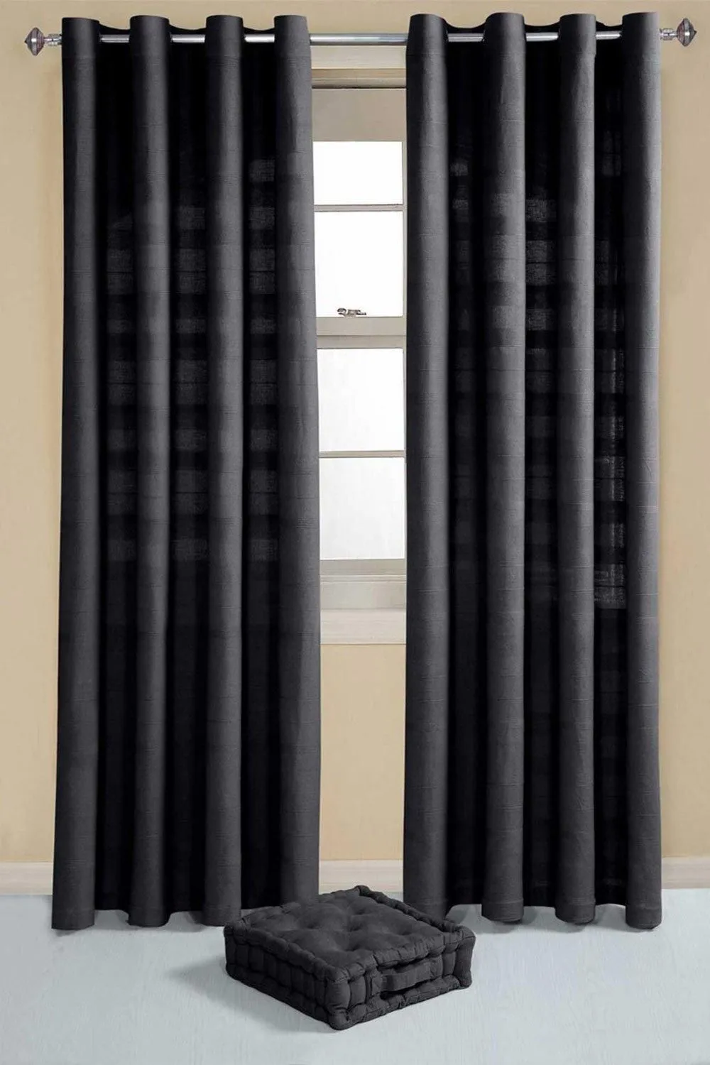 Homescapes Cotton Rajput Ribbed Curtain Pair in Black 3