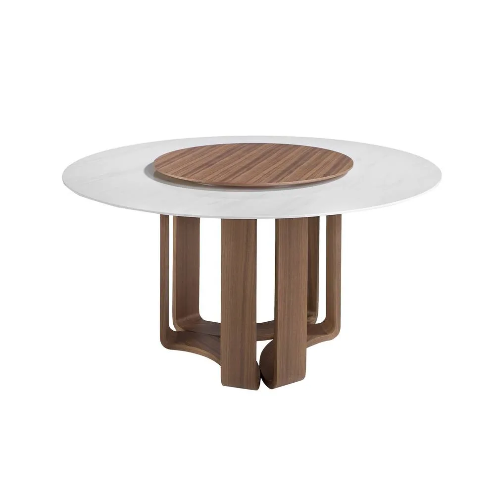 Angel Cerda Round Dining Table White Porcelain Marble Top, Walnut