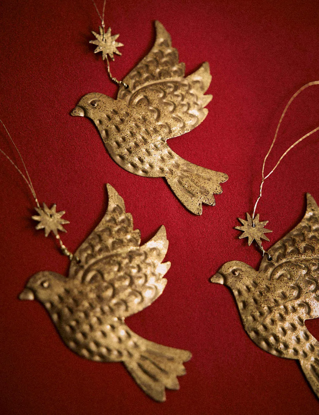 M&S 3 Pack Metal Dove Hanging Tree Ornaments Antique Brass