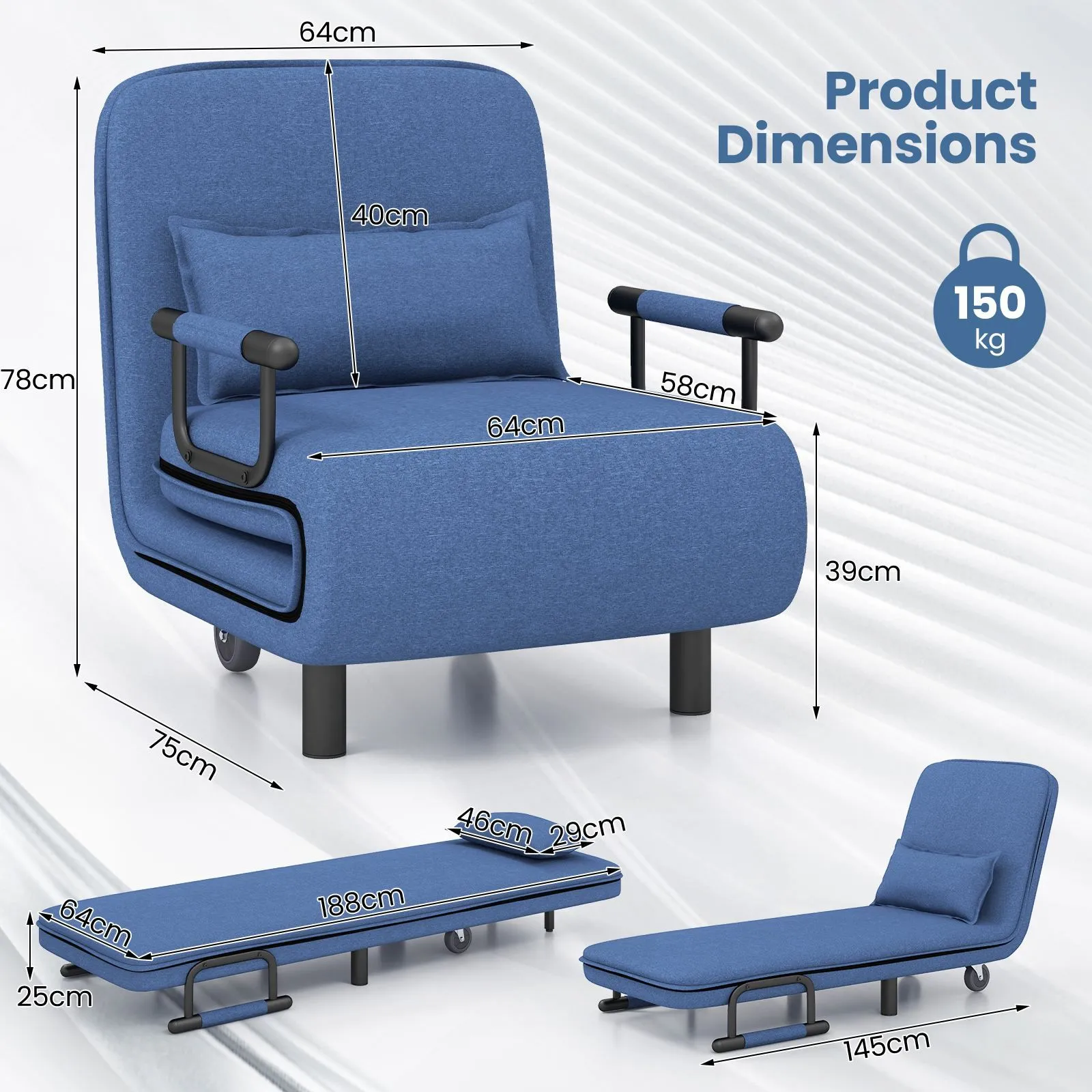 Costway Single Folding Sofa Bed Chair Modern Fabric Sleep Function Holder With Pillow in Blue 3