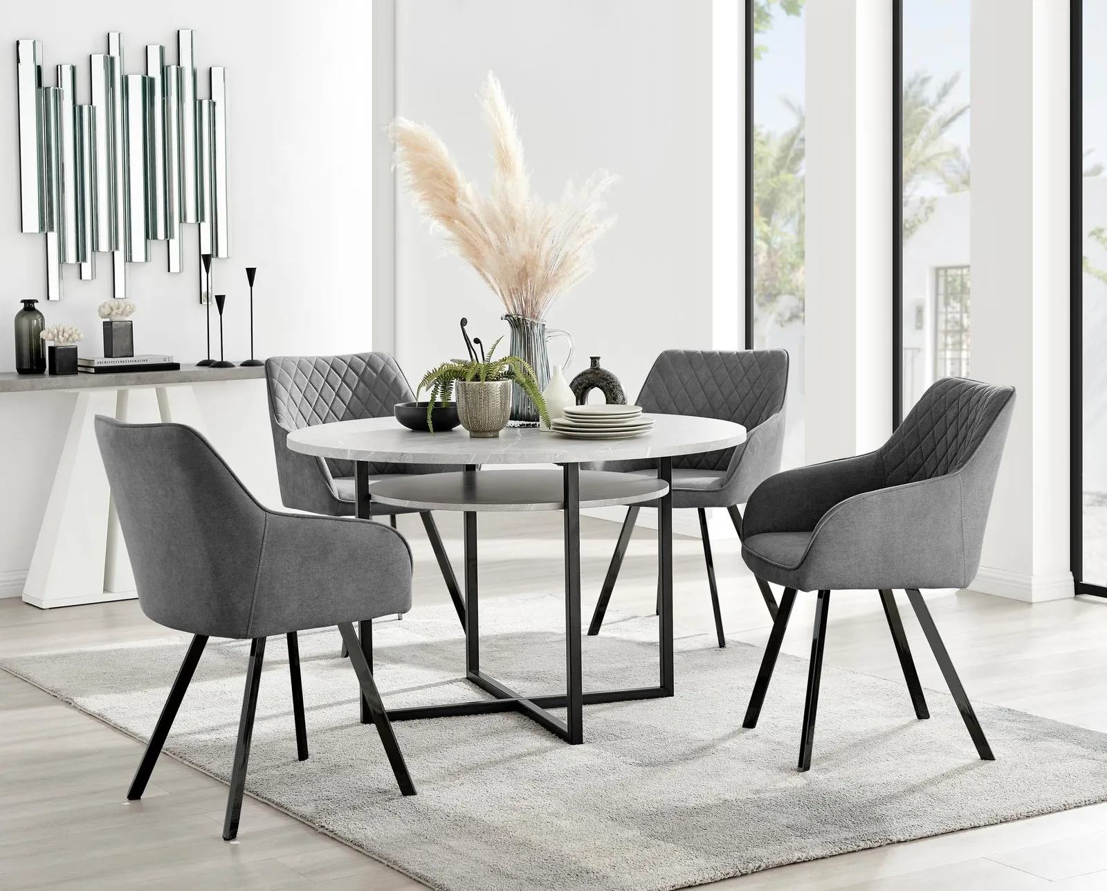 FurnitureboxUK Adley Grey Concrete Effect Round Dining Table & 4 Falun Black Leg Fabric Chairs in Dark Grey