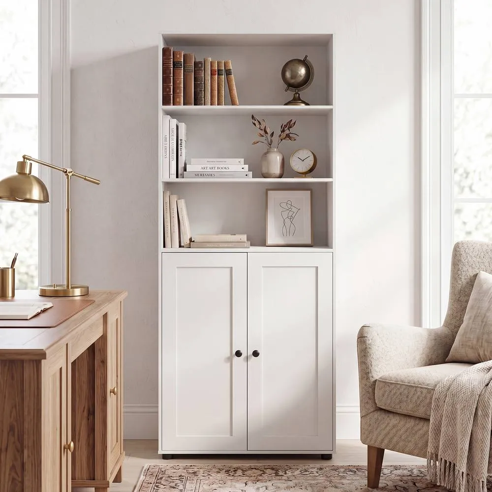 Costway 181 CM Tall Bookcase W 3 Open Shelves & Door Cabinet Floor Cabinet in White 3
