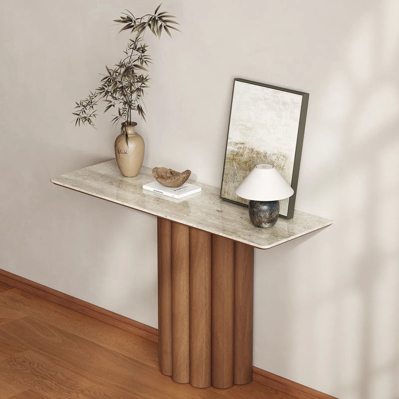 Travertine Top Console Table Solid Wood Entryway Furniture in Walnut & Beige (1200mm Wide)