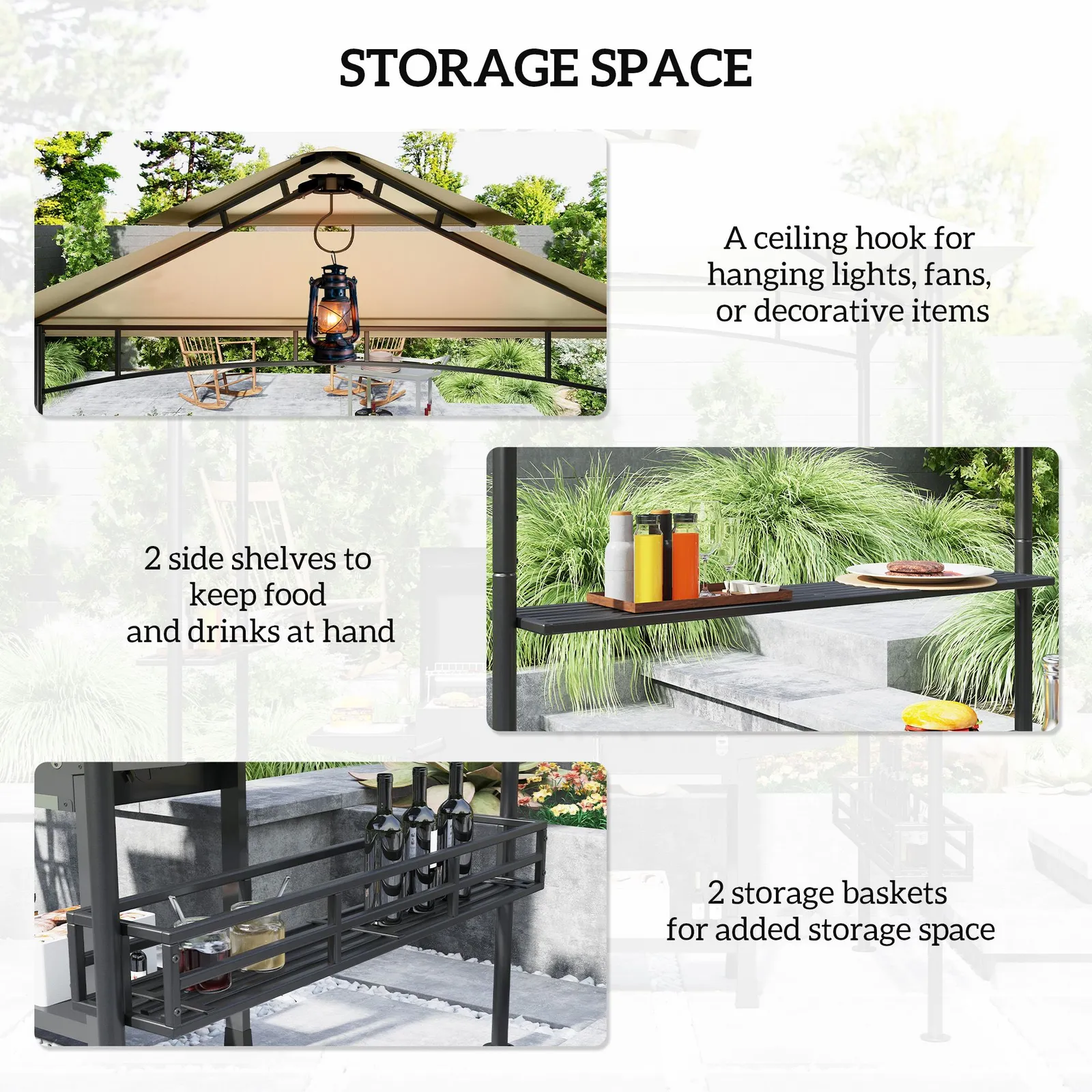 OUTSUNNY 240 x 150cm Grill Gazebo Canopy with 2 Side Shelves, Hook, Beige 6
