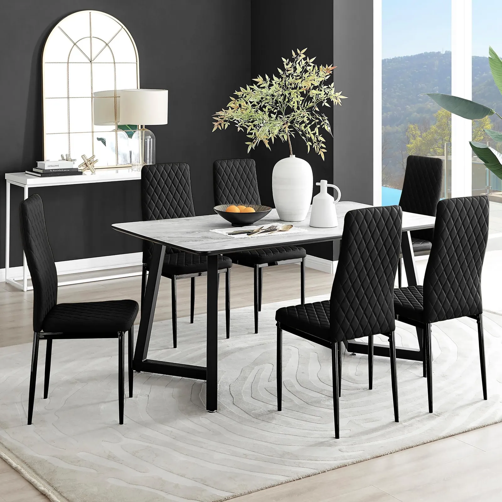 FurnitureboxUK Carson White Marble Effect Dining Table & 6 Velvet Milan Black Leg Chairs