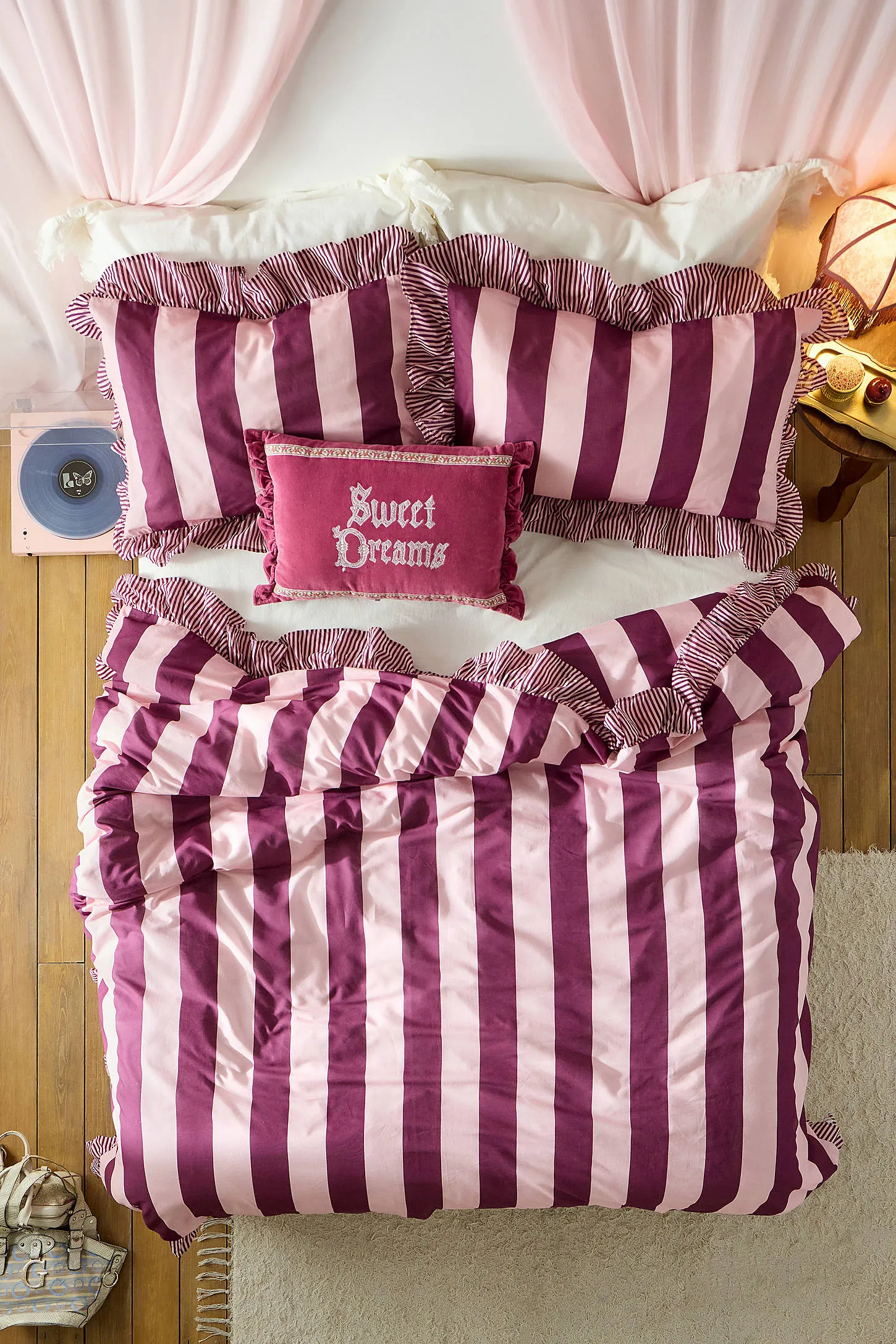 Stripe Ruffle Duvet Set - Berry