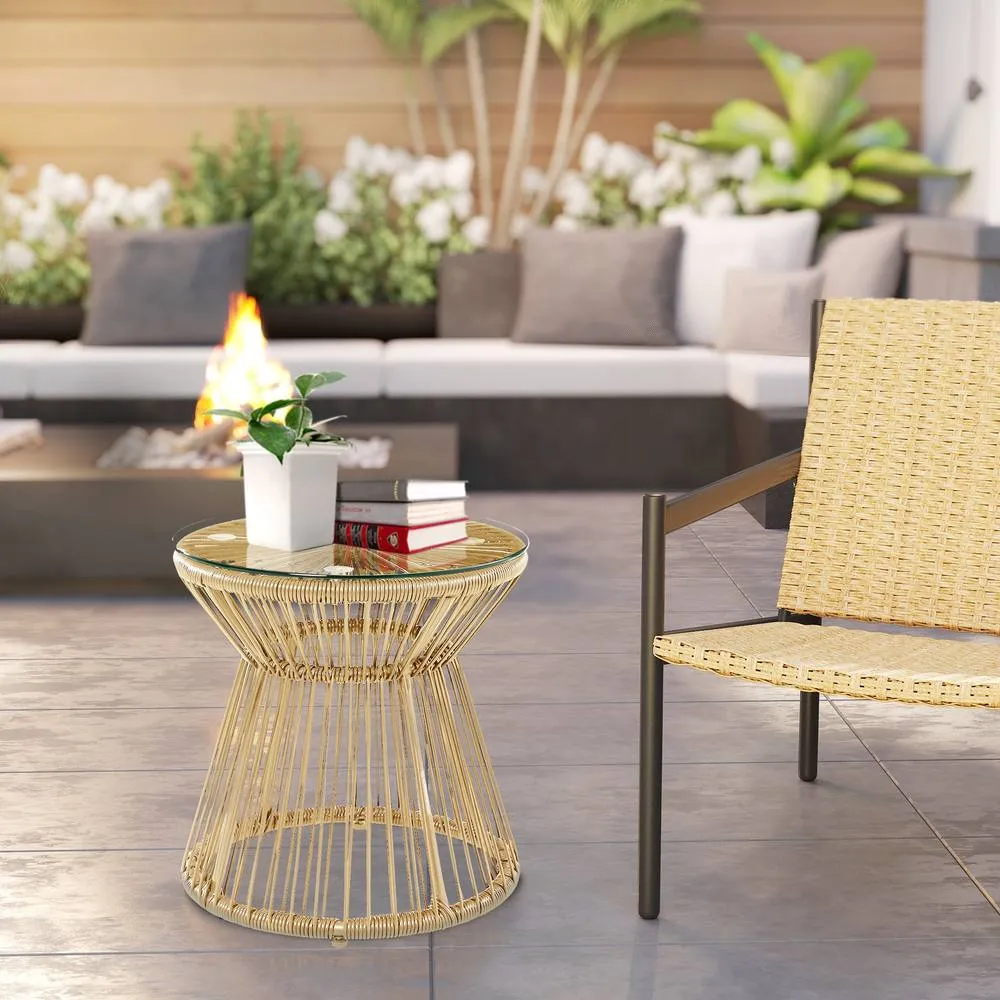 OUTSUNNY PE Rattan End Table, Round Side Table, Tempered Glass Top Coffee Table, Natural