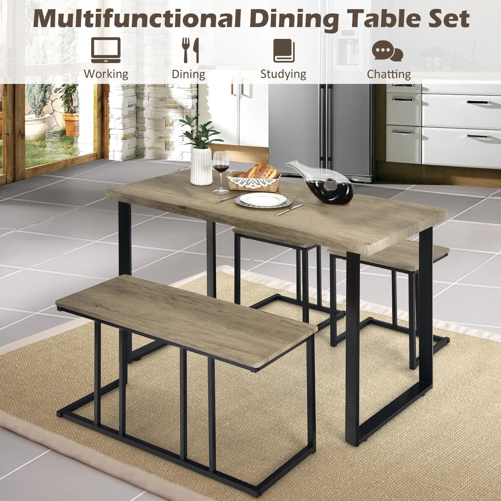 Costway 4PCS Industrial Dining Table & Chair Set Kitchen Furniture Table Bench 2 Stools in Grey 5