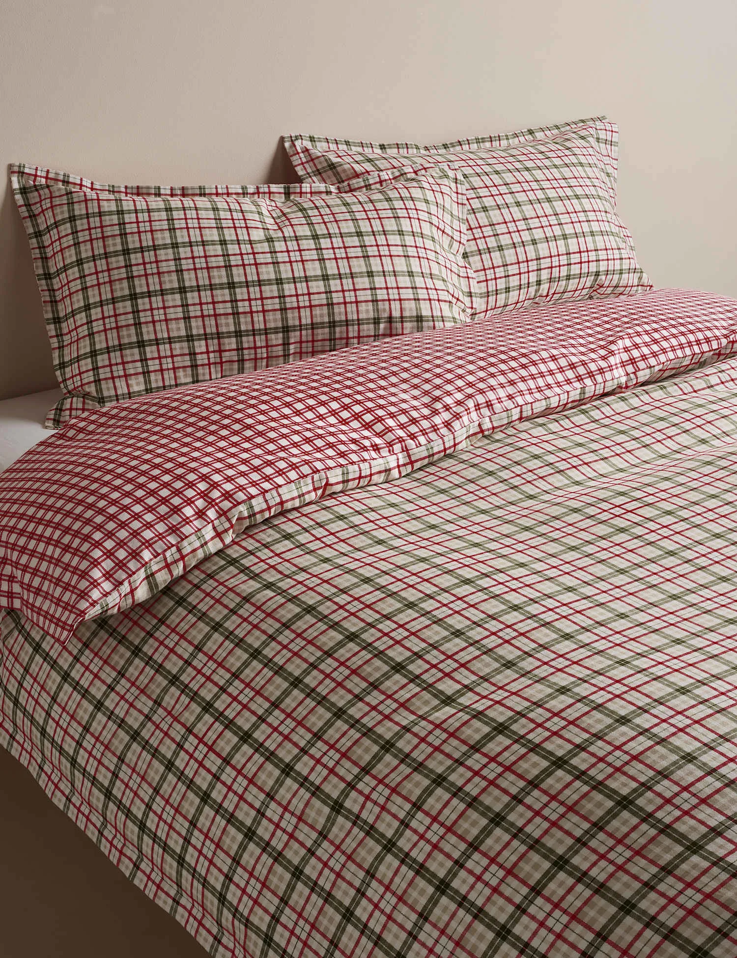 M&S Brushed Cotton Checked Reversible Bedding Set Green Mix