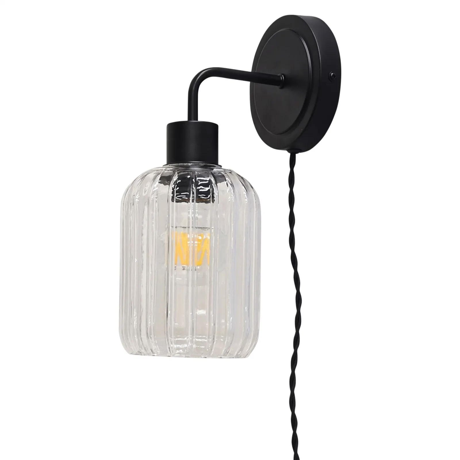 First Choice Lighting Set of 2 Toby - Black Plug in Wall Lights Ribbed Glass Shades 3