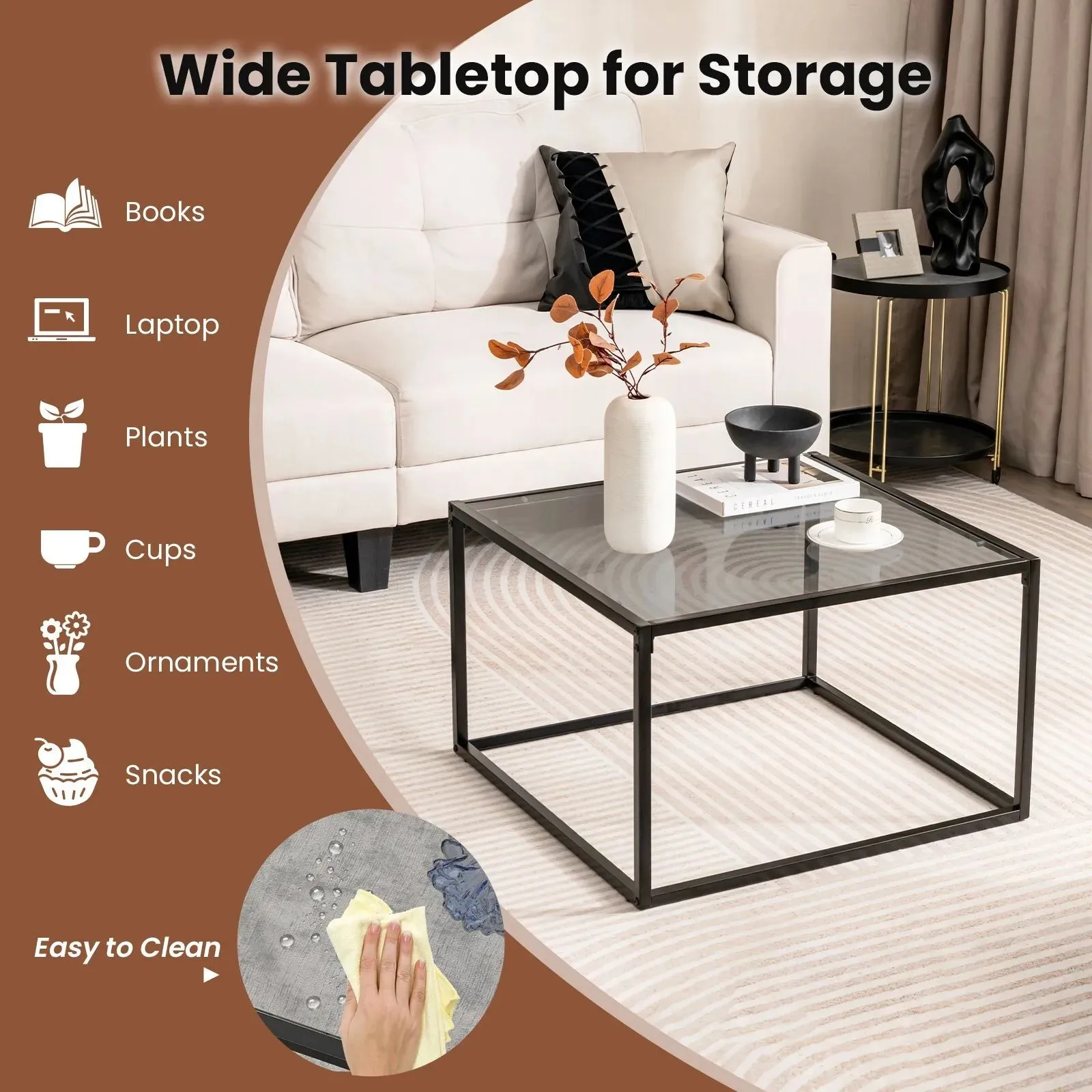 Costway Tempered Glass Top Coffee Table Home Square Tea Table Accent Sofa Side Table in Grey 6