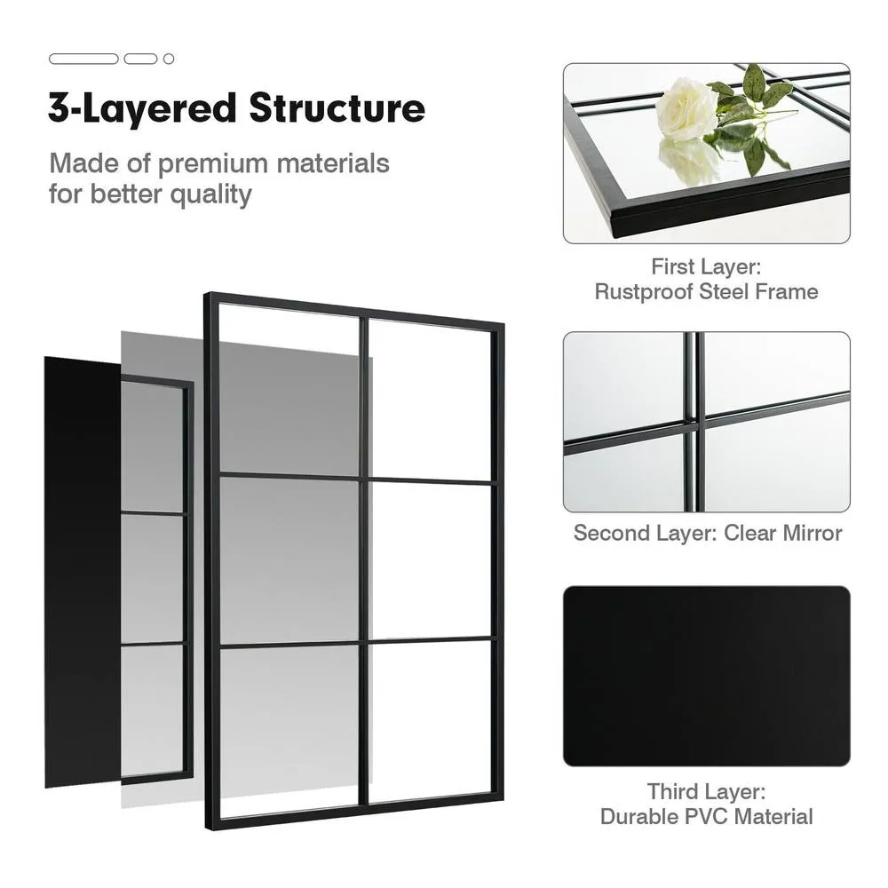 Costway Windowpane Hanging Mirror Wall Mounted Mirror Steel Frame in Black 3