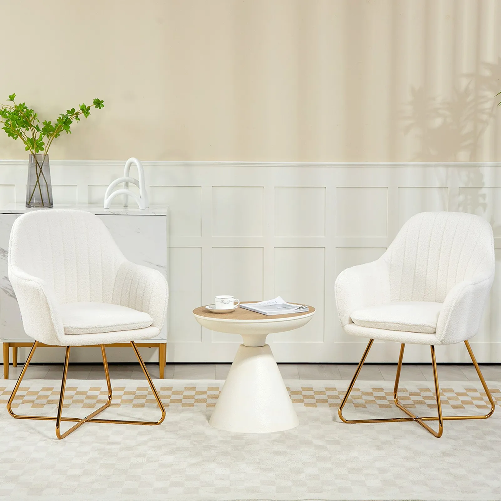 HOMCOM Dining Chair Set of 2, Boucle Armchair with Steel Legs, Cream