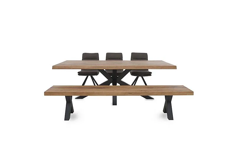 Njord Raw Edge Dining Table with Metal Star Base, Bench and 3 Anthracite Fabric Swivel Chairs - 220-cm - Old Bassano
