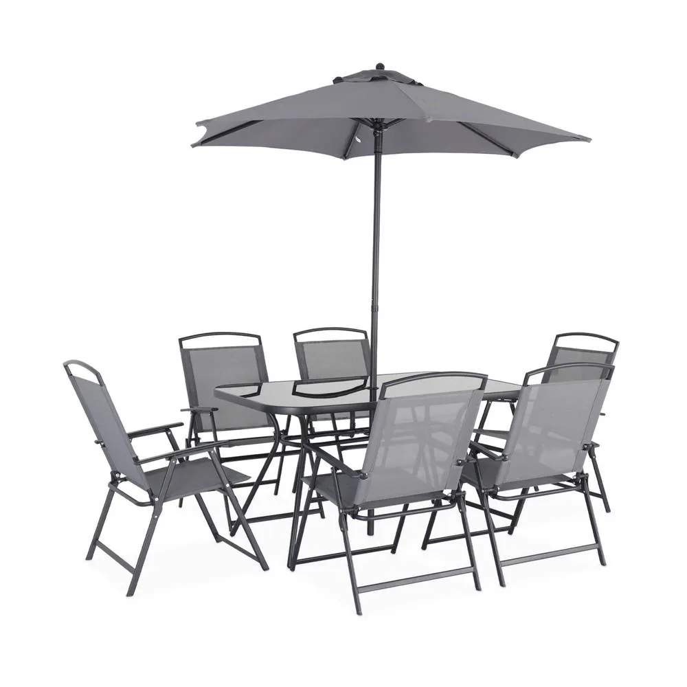 sweeek 6-seater metal dining set with foldable chairs & parasol in Dark Grey 2