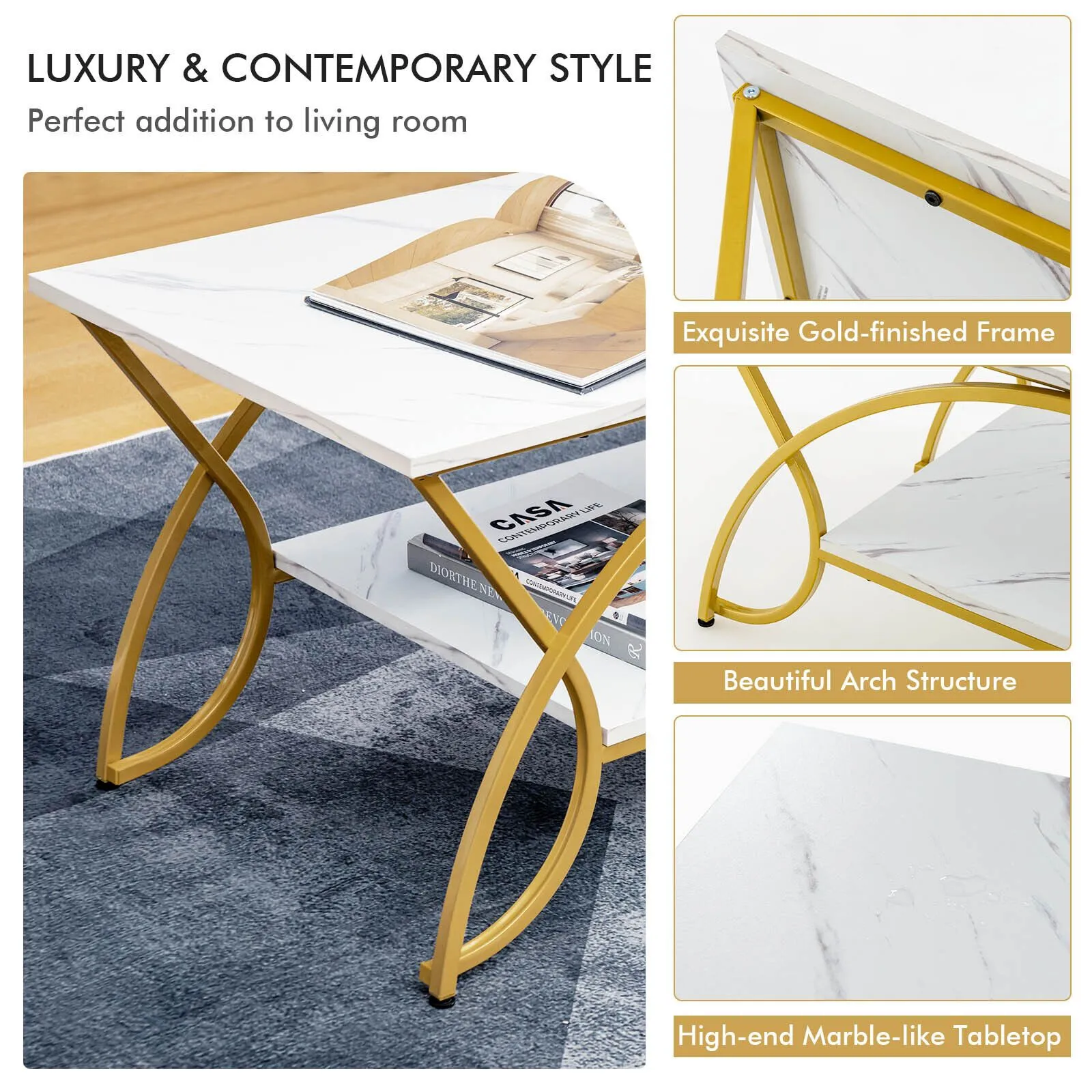 Costway Modern Faux Marble Coffee Table 2-Tier Rectangular Accent Table Chic Cocktail in White 5