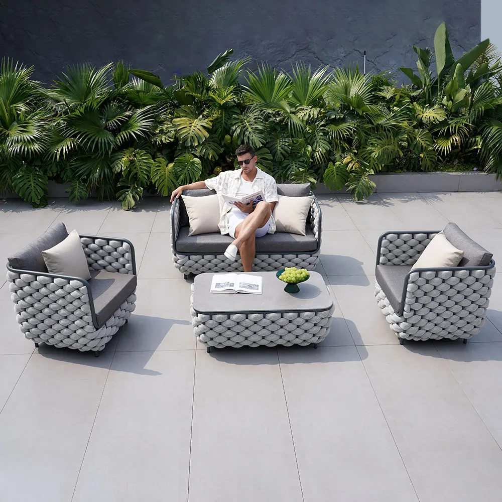 4 PCS Rope Outdoor Sofa Set with Marble Coffee Table Modern Yard & Patio Furniture for 4 Person in Gray Cushion & Pillow Included