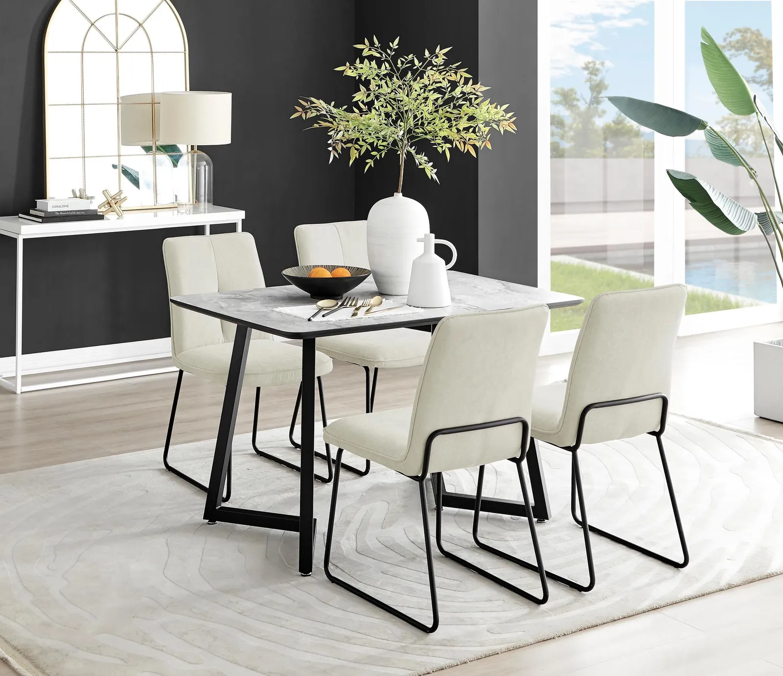 FurnitureboxUK Carson White Marble Effect Dining Table & 4 Halleyy Chairs in Cream 1