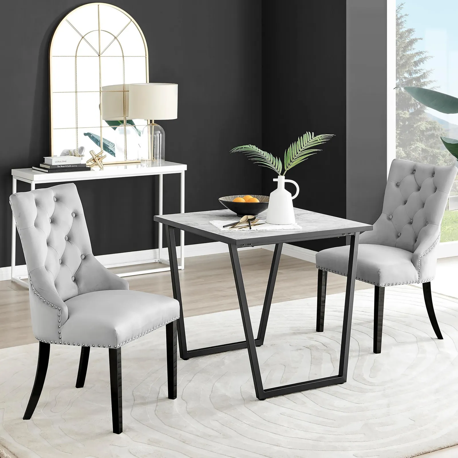 FurnitureboxUK Carson White Marble Effect Square Dining Table & 2 Velvet Belgravia Black Leg Chairs in Grey 1