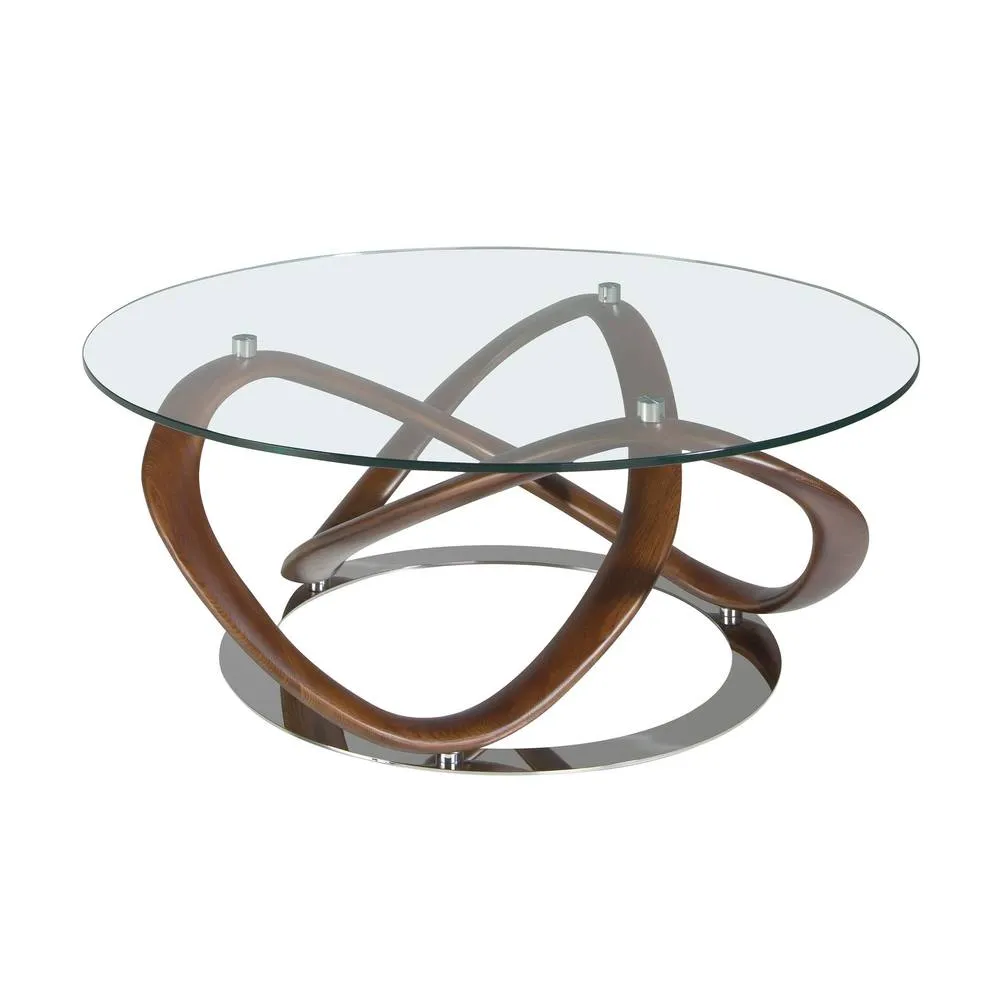 Angel Cerda Walnut Round Coffee Table with Tempered Glass
