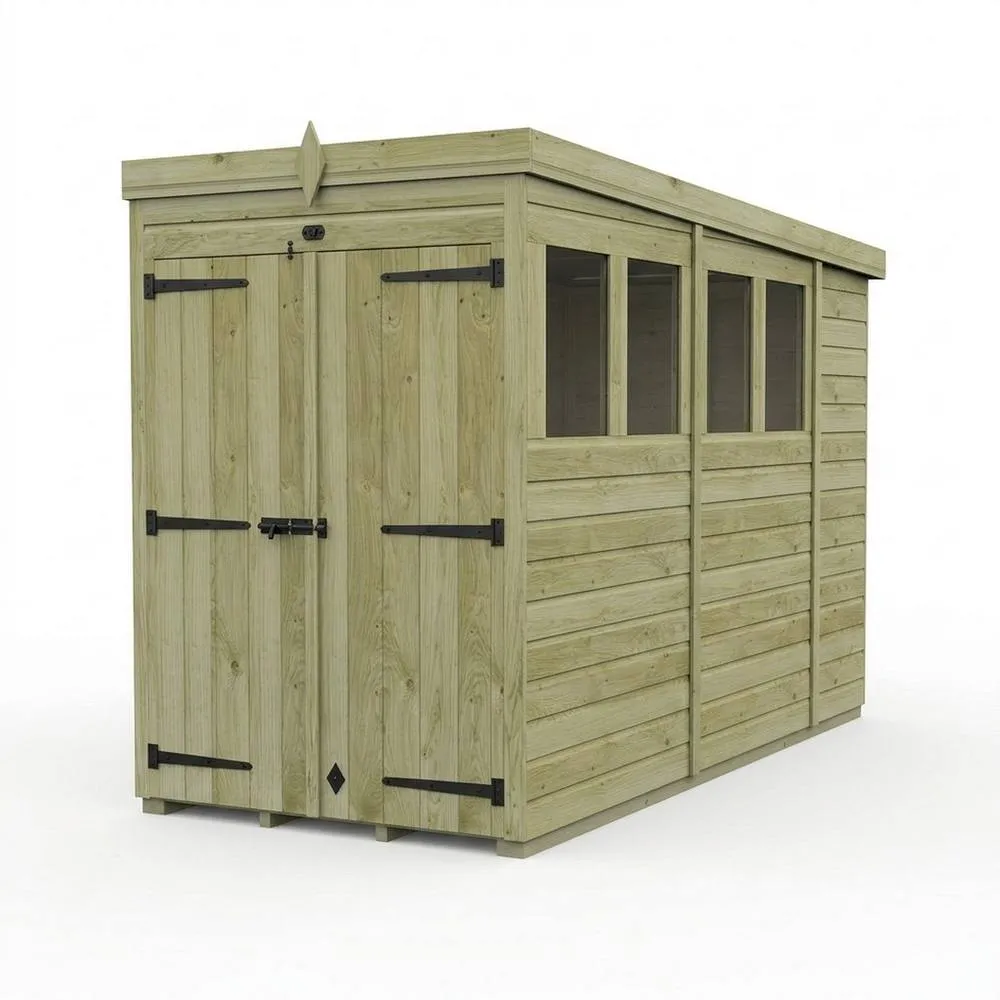 Buttercup Farm 4ft x 10ft Pent Garden Shed Double Door With Windows - Timber in Brown