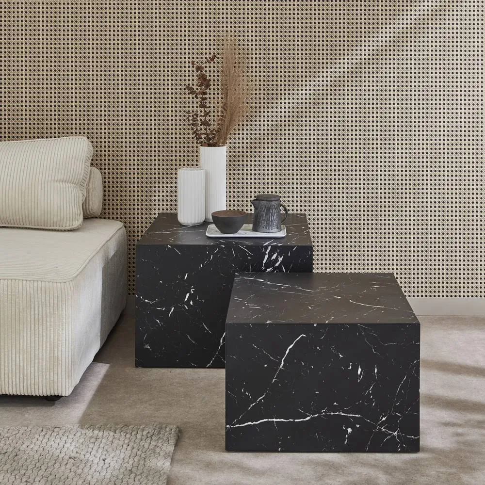 sweeek Pair Of Square Coffee Tables With Marble Effect in Black 1