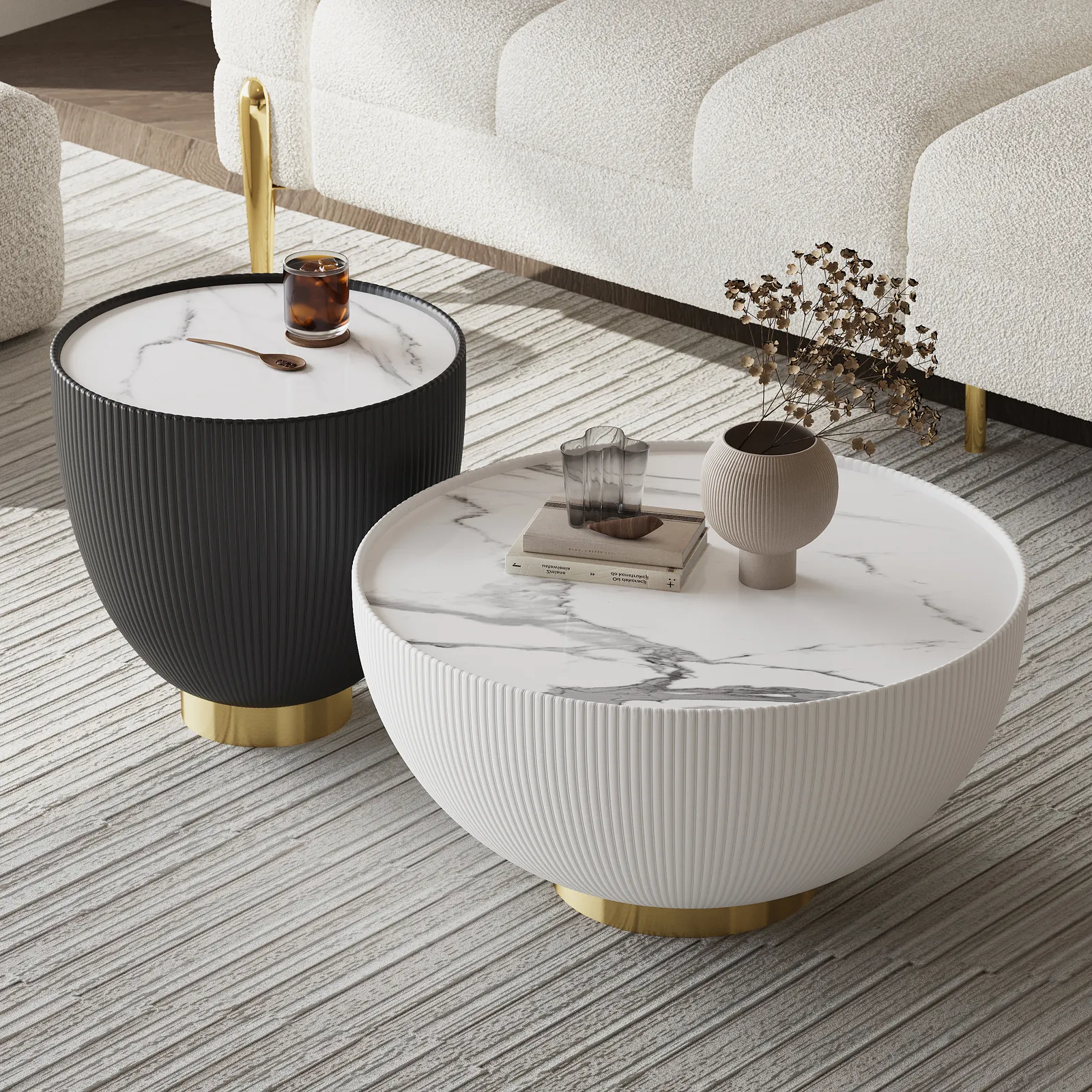 Round 2-Piece Nesting Set Sintered Stone Top Beige and Gray Drum Coffee Table with PU Leather Around