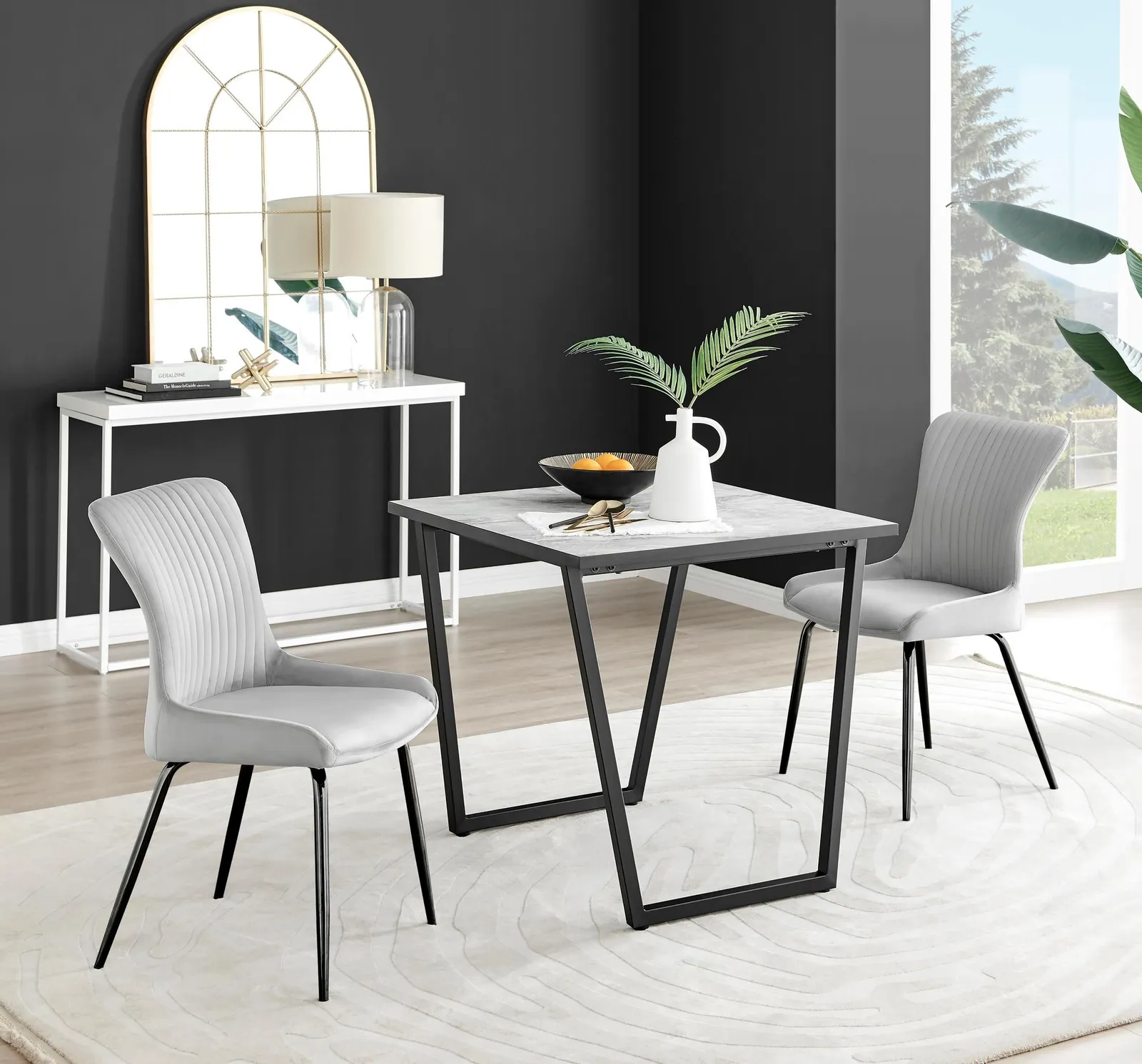 FurnitureboxUK Carson White Marble Effect Square Dining Table & 2 Velvet Nora Black Leg Chairs in Light Grey 1