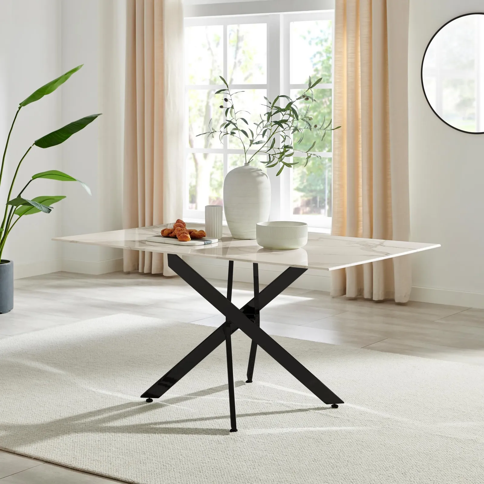 FurnitureboxUK Leonardo 6-Seater Dining Table With Marble Effect Glass Top & Black Metal Legs in White 2