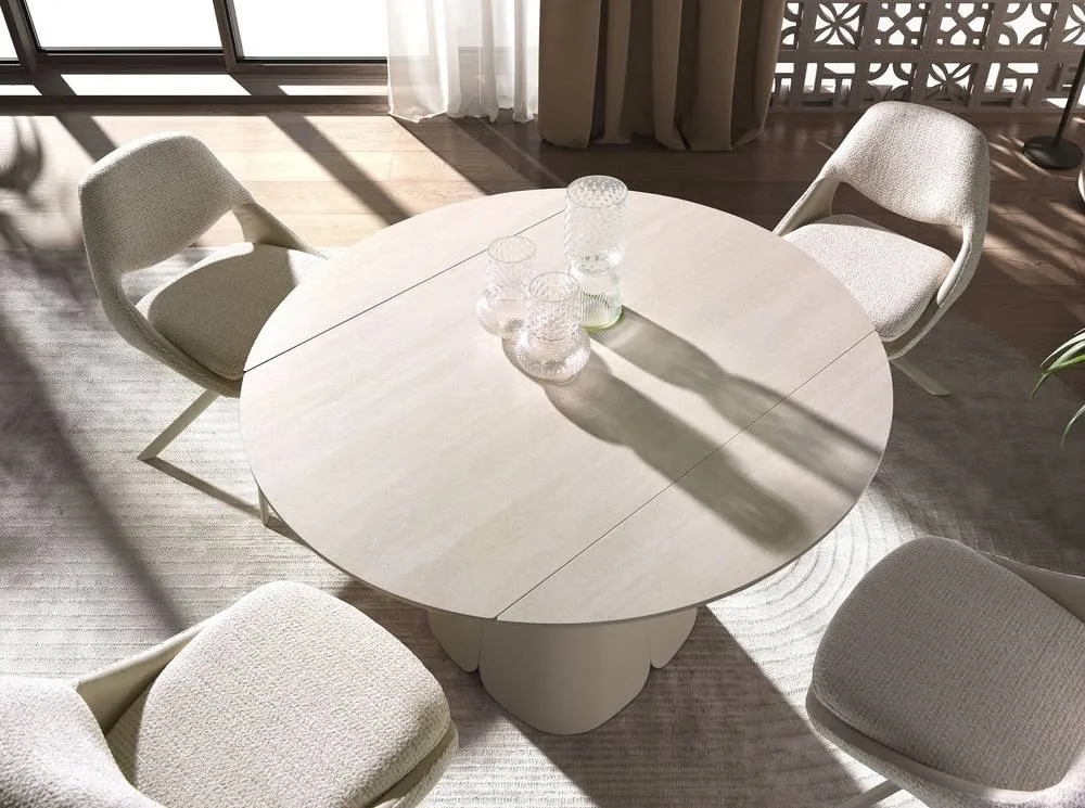 Angel Cerda Extendable Round Porcelain Dining Table with Steel Base in Beige 6