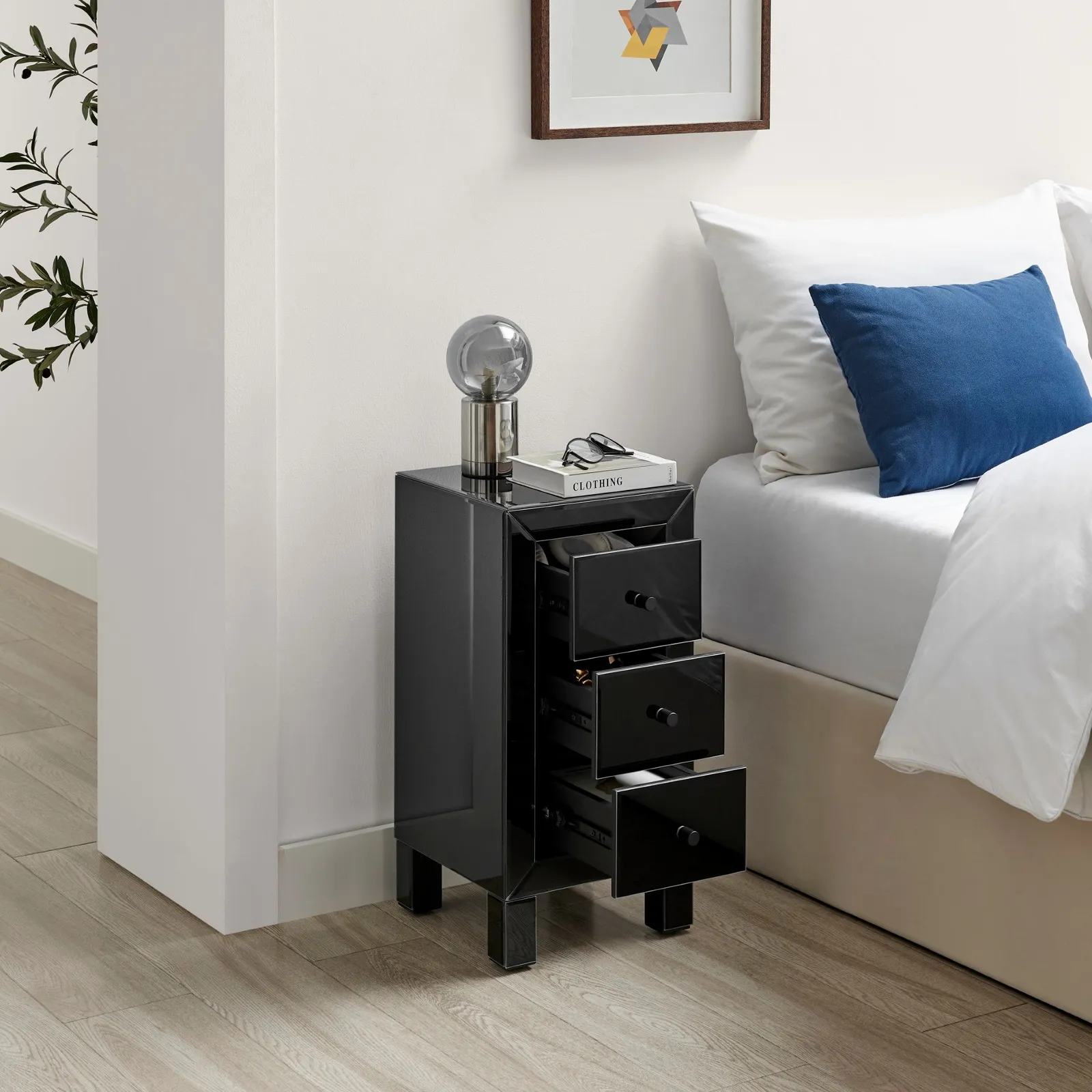 FurnitureboxUK Lexi Small Slimline 3 Drawer Wooden Bedside Table With A Modern Mirrored Finish in Black 3