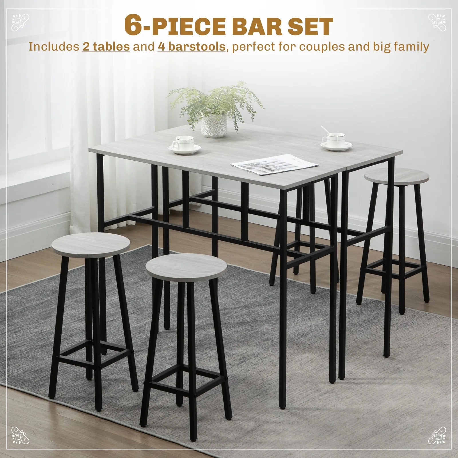 HOMCOM 6-Piece Bar Table Set, 2 Breakfast Tables with 4 Stools, Counter Height Dining Tables & Chairs for Kitchen, Living Room in Grey 4